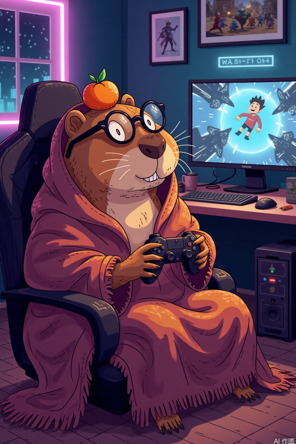 Cartoon illustration,,A detailed illustration of a capybara (1.2 meters tall) with an orange perched on its head, snugly wrapped in a cozy knitted blanket, wearing stylish round glasses, and gripping a gaming controller. The scene unfolds in a vibrant, modern room with a large computer screen displaying an immersive video game. The room is bathed in warm, ambient lighting, highlighting the textures of the blanket and the reflective surfaces of the glasses. The capybara's expression is one of focused enjoyment, surrounded by posters and gaming paraphernalia. The backdrop features an LED light strip, creating an atmosphere of a dedicated gaming setup. The lighting casts a soft glow, enhancing the room's cozy ambiance. The image is rendered in high definition with intricate details, showcasing the fine fibers of the blanket and the subtle reflections on the glasses.