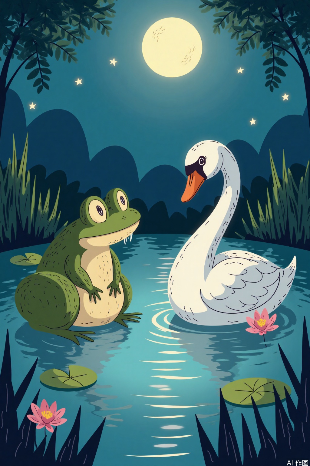 Cartoon illustration,,In a dreamlike scene, a drooling frog gazes at a majestic white swan. The frog's skin is textured and moist, with bulging eyes and a long, sticky tongue hanging out. The swan has pristine white feathers that glisten under the soft moonlight, its graceful neck curved elegantly. The background is a serene pond surrounded by lily pads and reeds, with gentle ripples on the water's surface reflecting the silvery moonlight. The contrast between the grotesque frog and the ethereal swan creates a surreal and captivating image.