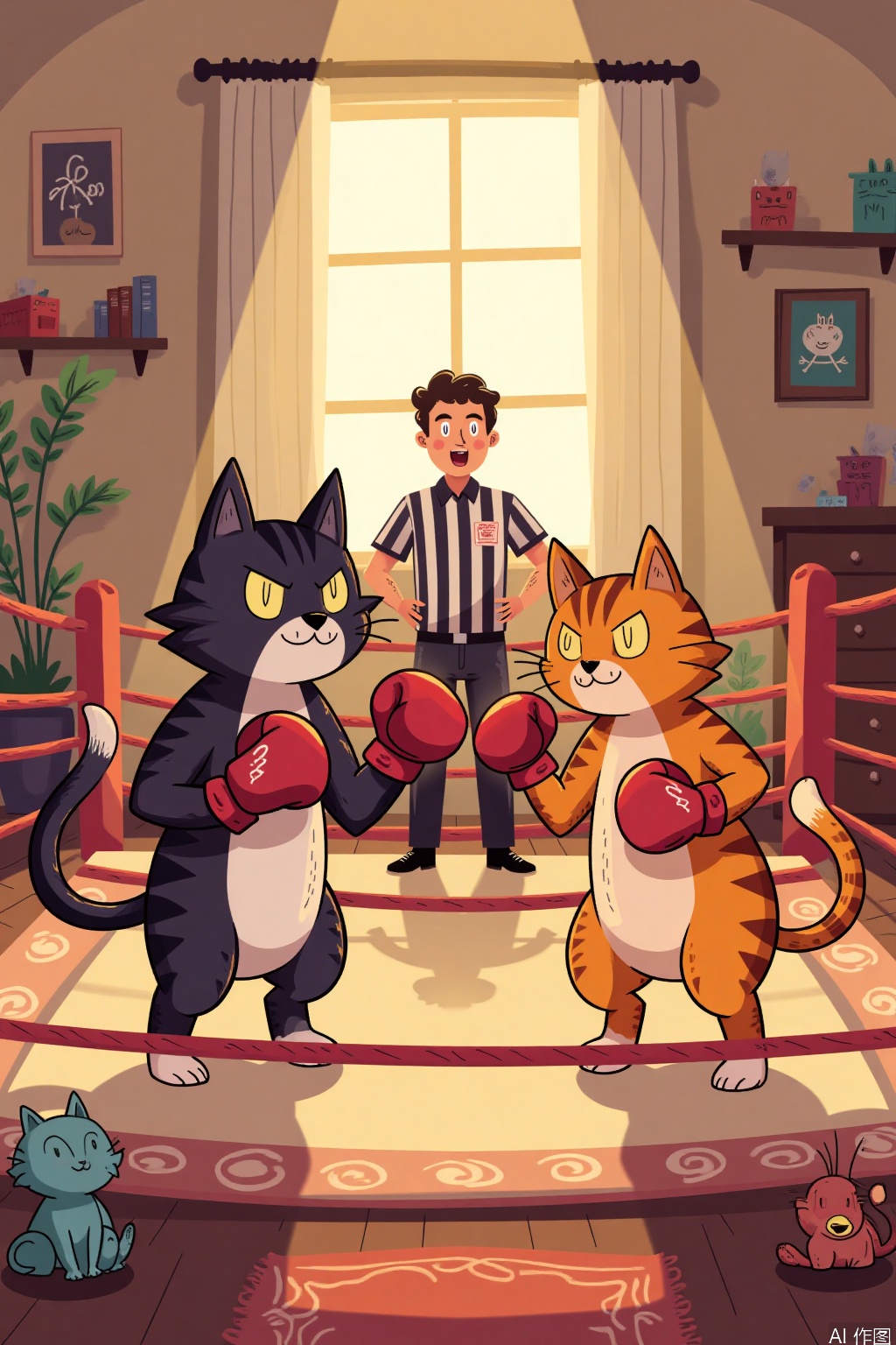 Cartoon illustration,Two cats in boxing gloves are engaged in a playful boxing match, their fur bristling with determination. The cat on the left has sleek black fur with white paws, while the cat on the right has orange tabby fur. They are standing in a small ring with a referee in a striped shirt watching over them. The background is a cozy living room with a couch, a rug, and some toys scattered around. The scene is illuminated by warm, golden light, casting soft shadows and emphasizing the comical yet competitive spirit of the moment.