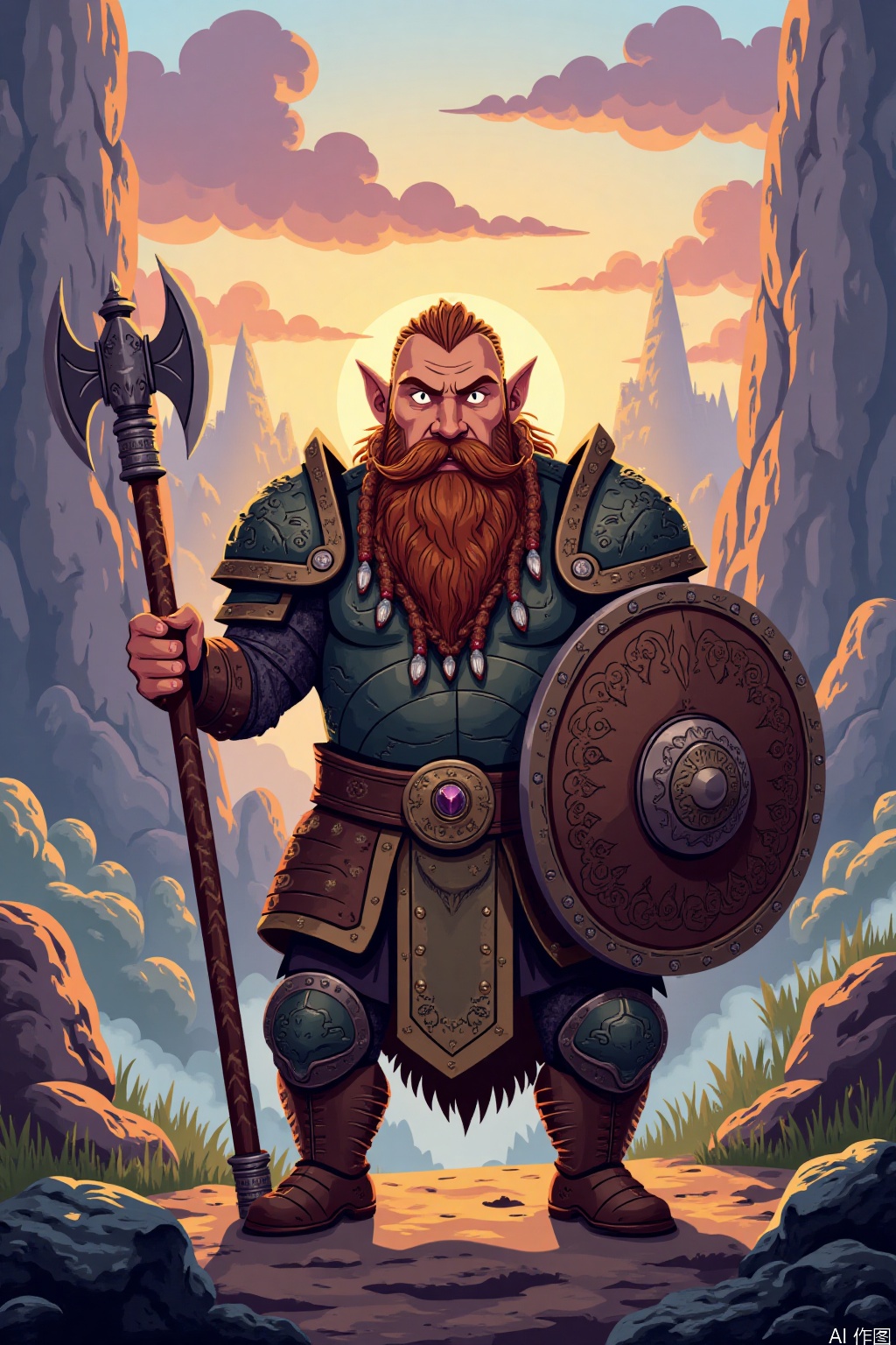 Cartoon illustration,A dwarf warrior stands proudly, clad in intricately detailed armor with a weathered look, holding a sturdy battle-axe in one hand and a round shield adorned with tribal patterns in the other. His beard is braided with small trinkets and feathers, and his eyes gleam with determination. The background features rugged terrain with rocky cliffs and ancient ruins, casting dramatic shadows under the glow of a setting sun. The scene is filled with a sense of adventure and bravery, capturing the essence of a fierce and loyal dwarf fighter.