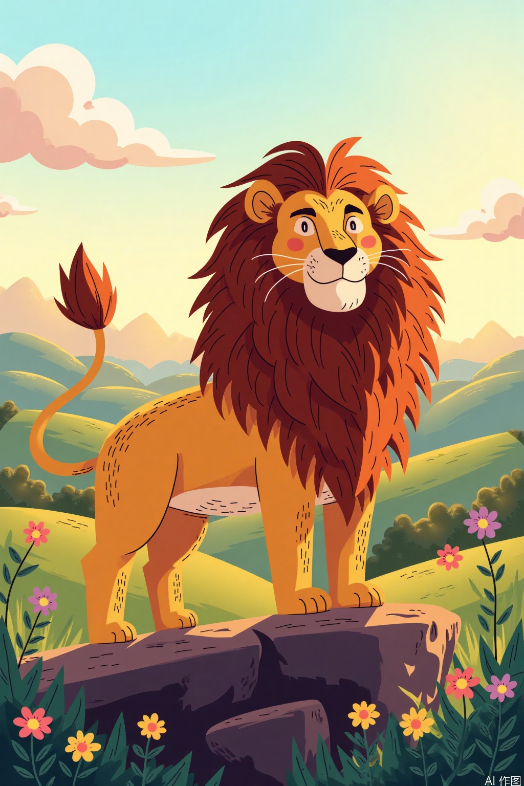 Cartoon illustration,Create a vivid and artistic image featuring a majestic lion. The lion's golden fur is detailed with intricate patterns, and its mane flows gracefully. The scene is set under the golden hour, casting warm and soft shadows. The lion stands proudly on a rocky terrain, surrounded by lush greenery and wildflowers. The background includes distant rolling hills and a clear blue sky, enhancing the natural and serene atmosphere. The composition emphasizes the lion's strength and beauty through dynamic angles and balanced framing.