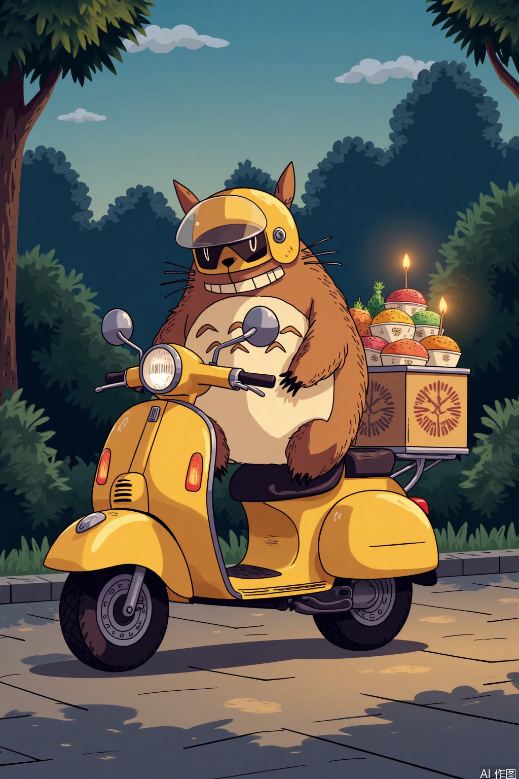 Cartoon illustration,A tan Totoro wearing a yellow helmet rides a yellow motorcycle with a yellow rear carrier, delivering takeout. The motorcycle has a sleek design with shiny chrome details, and the rear carrier is neatly packed with various food containers. The Totoro's fur is meticulously detailed, and the motorcycle's tires have realistic treads. The scene is set at dusk with soft, warm lighting casting gentle shadows, enhancing the cozy and charming atmosphere.