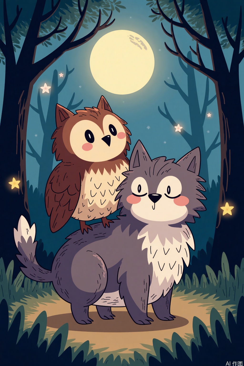 Cartoon illustration,Create a heartwarming image featuring an owl and a cat together. The owl perches on the cat's back, both looking curiously at the viewer. The cat has a gentle expression, and its fur is soft and fluffy, colored in shades of gray and white. The owl has large, expressive eyes and feathers that are detailed and textured, with hues of brown and white. They are set against a cozy, nighttime backdrop with a full moon shining in the background, casting a soft glow over the scene. The environment includes elements like tree branches and leaves, adding to the natural and serene setting.