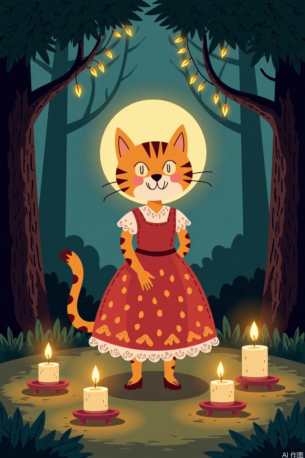 An animated image of a cat in a red dress with yellow polka dots. The cat is standing in front of a tree with a moon in the background. There are three candles burning on the ground in the bottom left corner of the image. There is another candle on the bottom right corner that is lit up. The background is a dark green with a few leaves on it. Above the cat, there is a text that reads "Children's picture books".