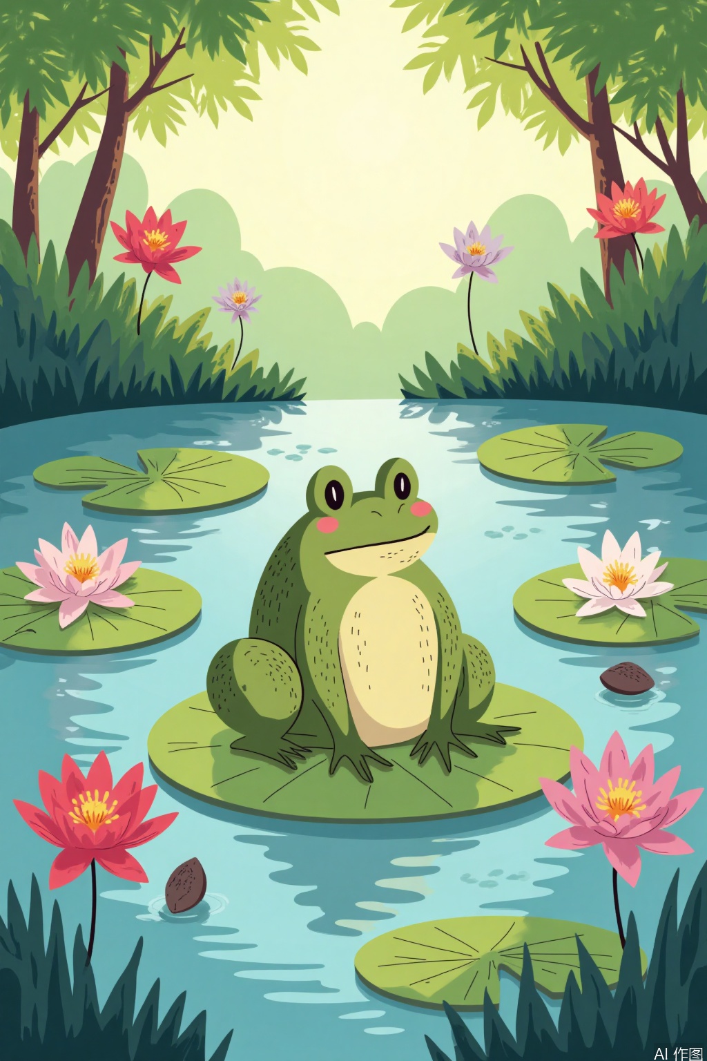 Cartoon illustration,Create a whimsical digital illustration featuring a frog. The frog is depicted in a playful cartoon style, with detailed textures on its skin, showcasing its bumpy green surface. It sits on a lily pad surrounded by water lilies and lotus flowers in full bloom. The background includes a serene pond with gentle ripples and reflections, and soft sunlight filtering through the trees, casting dappled shadows. The scene is filled with vibrant colors, from the lush greens of the leaves to the vivid hues of the flowers, creating a tranquil and lively atmosphere.