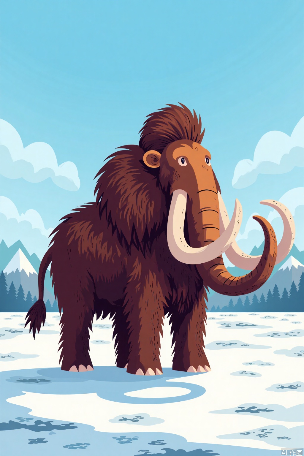 Cartoon illustration,A woolly mammoth stands proudly in a snowy landscape, its long fur flowing gently in the wind. The mammoth's fur is thick and detailed, showing individual strands and patches. The background features a vast icy plain with distant snow-capped mountains under a clear blue sky. The sunlight casts soft shadows and highlights on the mammoth’s fur, adding depth and realism to the scene. The composition is balanced, with the mammoth positioned slightly off-center, creating a dynamic and engaging image. The woolly mammoth is depicted in a realistic yet artistic style, emphasizing its majestic presence in a natural environment.