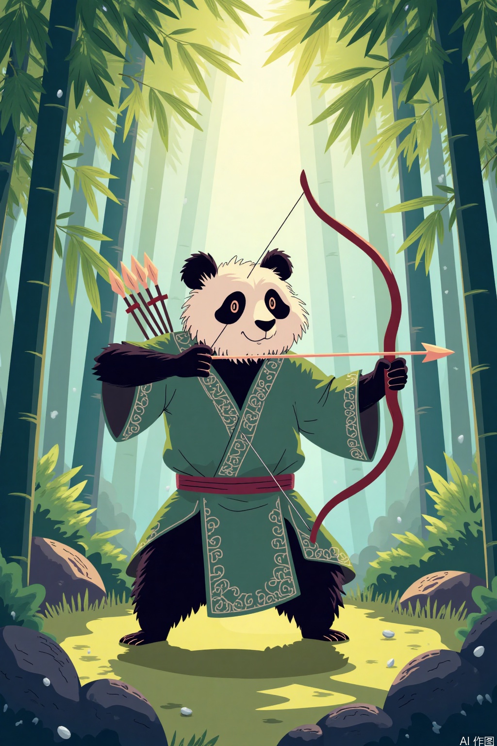Cartoon illustration,Create a vivid image of a panda archer in a picturesque setting. The panda archer is dressed in traditional Chinese clothing, holding a bow and arrow with precision. The bamboo forest surrounds the panda, adding a natural and serene environment. The sunlight filters through the leaves, casting dappled shadows on the ground. The panda's fur is detailed with fine textures, and its eyes are focused and determined. The composition highlights the harmony between nature and the skilled archer, emphasizing the elegance and grace of the moment. The overall style is realistic with a touch of whimsy, capturing the essence of a peaceful yet adventurous spirit.