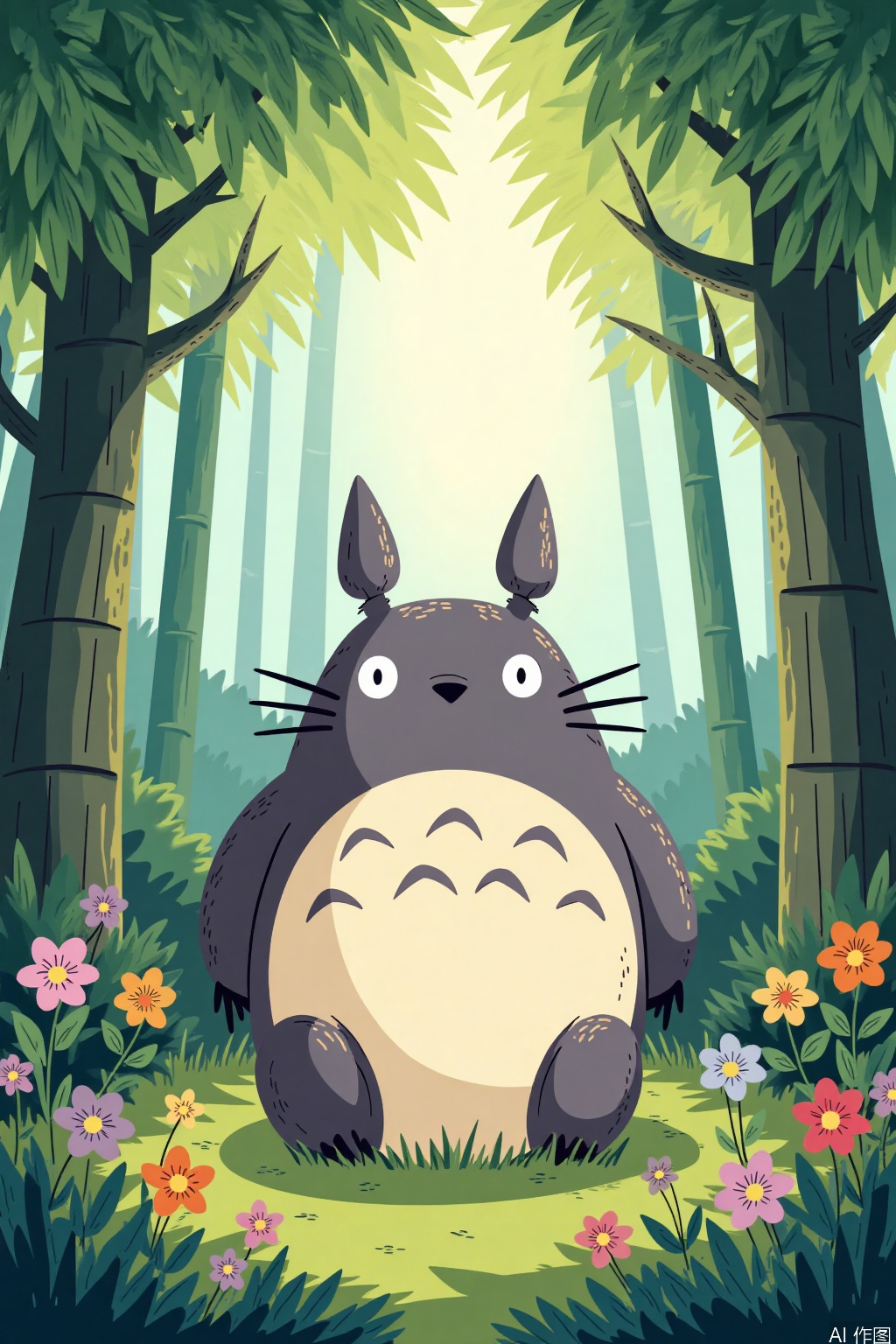 Cartoon illustration,Create a heartwarming and whimsical illustration featuring Totoro, the lovable forest spirit from Hayao Miyazaki's films. Totoro is sitting under a blossoming tree in a serene forest, surrounded by lush greenery and colorful wildflowers. His fur is soft and fluffy, with shades of gray blending seamlessly into his body. The sunlight filters through the leaves, casting dappled shadows on the ground. In the background, the silhouette of a bamboo forest can be seen, adding depth and texture to the scene. The overall composition is peaceful and enchanting, capturing the magic of nature and childhood wonder.
