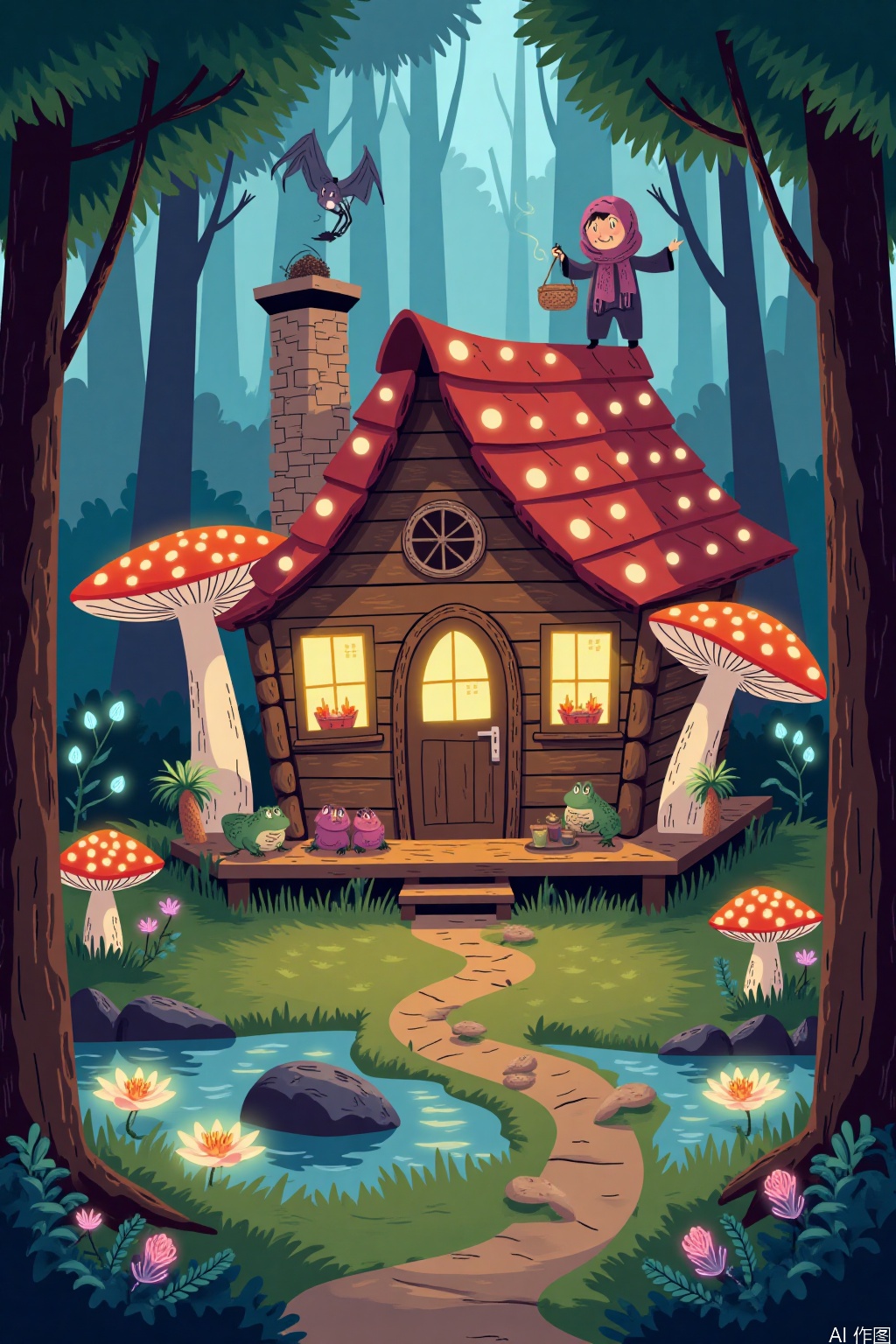 Cartoon illustration,Cabin construction: A giant red umbrella with white spots serves as the roof, while luminous spore lanterns hang from the drooping folds of white-spotted mushrooms. The chimney is crafted from crooked chantrelles, emitting rainbow smoke rings. The porch is covered in bark, and the door handle is a spiral snail shell.🌼The surrounding ecology:A moss carpet covers the ground, dotted with bell flowers that chime like clocks. Fluorescent blue mushrooms light the path. In the pond, lotus leaves float like dinner plates, supporting a family of frogs enjoying tea.🧚Scene of life:A cloaked mole baker distributes pine cone bread through the window. On the roof, a spider tailor weaves curtains from spider silk. A maple scarf and dandelion fuzz pajamas hang from a clothesline, adding a whimsical touch to the scene.