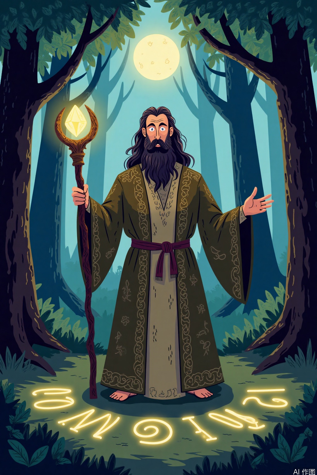 Cartoon illustration,In a mystical forest, an ancient druid dressed in earth-toned robes performs a ritual under the moonlight. The robes are adorned with intricate leaf patterns and symbols of nature, and his hands hold a gnarled staff topped with a crystal. The forest is dense with tall trees, their leaves shimmering under the moon’s glow, and magical runes glow softly on the ground. The scene is filled with a sense of reverence and harmony with nature, illuminated by soft, ethereal light.