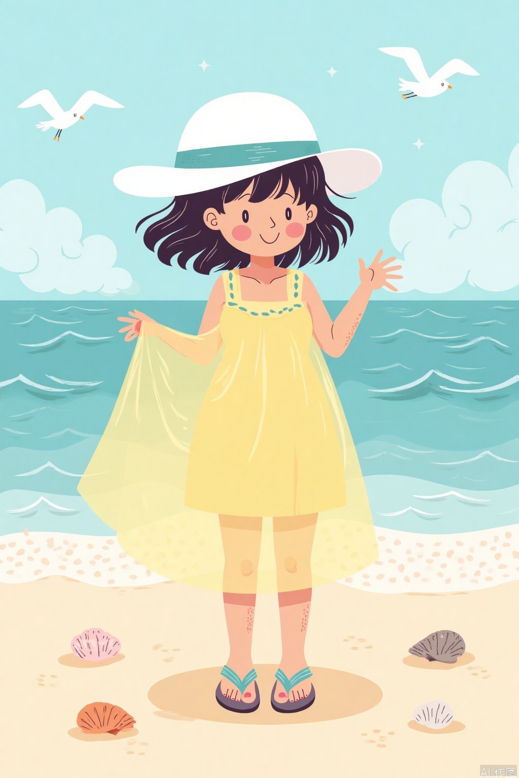 Cartoon illustration,A cute girl wearing a yellow translucent dress and flip-flops is at the seaside, donning a white hat. The dress flows gently with the breeze, revealing subtle hints of her attire beneath. She stands on a sandy beach with seashells scattered around, the sun casting a warm glow, highlighting the delicate textures of her outfit. The scene captures the essence of a carefree day by the ocean, with the waves crashing softly in the background and seagulls flying overhead.