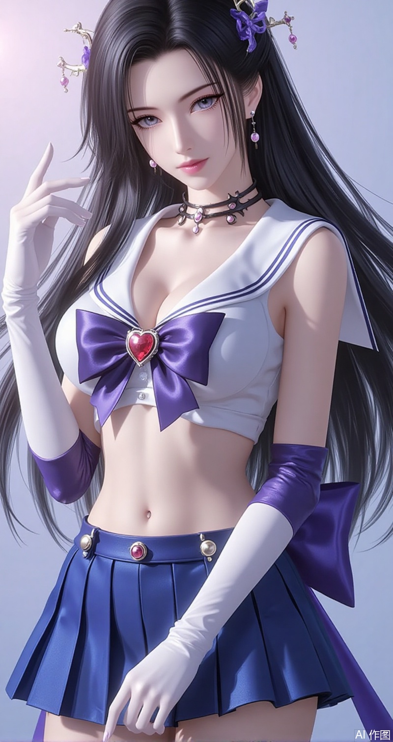 baoshi,lvjing,mingzhufuren,black hair,long hair,jewelry,earrings,hair_ornament,grey eyes,1girl,sailor senshi uniform,solo,jewelry,skirt,gloves,earrings,blue skirt,white gloves,sailor collar,bow,breasts,choker,elbow gloves,magical girl,back bow,covered navel,heart,pleated skirt,looking at viewer,brooch,purple bow,heart brooch,red choker,circlet,miniskirt,closed mouth,large breasts,collarbone,red gemstone,tiara,cowboy shot,simple background,gradient background,close-up details,outstanding style,adding a touch of dimension to your images without compromising details,close-up,cover,simple background,gradient background,close-up details,outstanding style,adding a touch of dimension to your images without compromising details,close-up