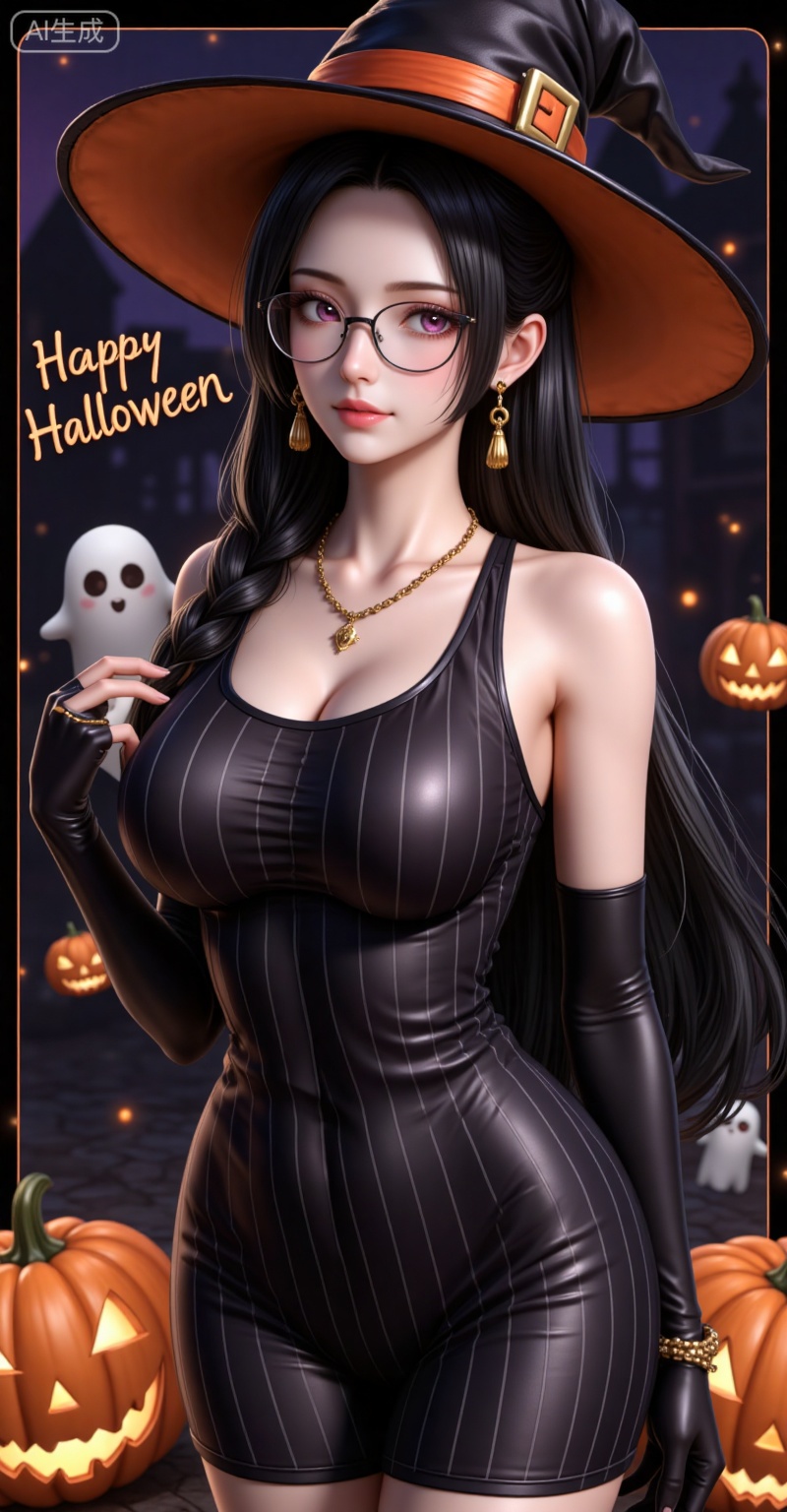 dasiqi,long hair,braid,earrings,glasses,brown eyes,large breasts,black hair,necklace,
1girl,witch hat,gloves,jewelry,hat,breasts,solo,jack-o'-lantern,dress,halloween,earrings,ghost,black gloves,necklace,looking at viewer,black dress,pumpkin,smile,black headwear,sleeveless,elbow gloves,happy halloween,sleeveless dress,striped dress,bracelet,purple eyes,border,skull,upper body,halloween costume,witch,striped clothes,hand on headwear,large breasts,closed mouth,bare shoulders,
lvjing,lvjing,baoshi