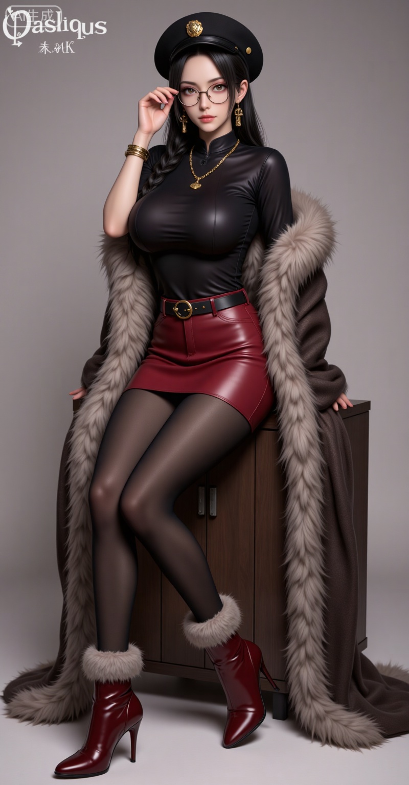 dasiqi,long hair,braid,earrings,glasses,brown eyes,large breasts,black hair,necklace,
1girl,boots,fur trim,jewelry,hat,long hair,breasts,red footwear,skirt,fur-trimmed boots,earrings,sitting,red skirt,bracelet,pants,high heels,full body,looking at viewer,belt,closed mouth,black pants,sleeveless,high heel boots,copyright name,bangle,english text,black pantyhose,cover,medium breasts,black shirt,shirt,fur-trimmed skirt,46,

lvjing,lvjing,baoshi