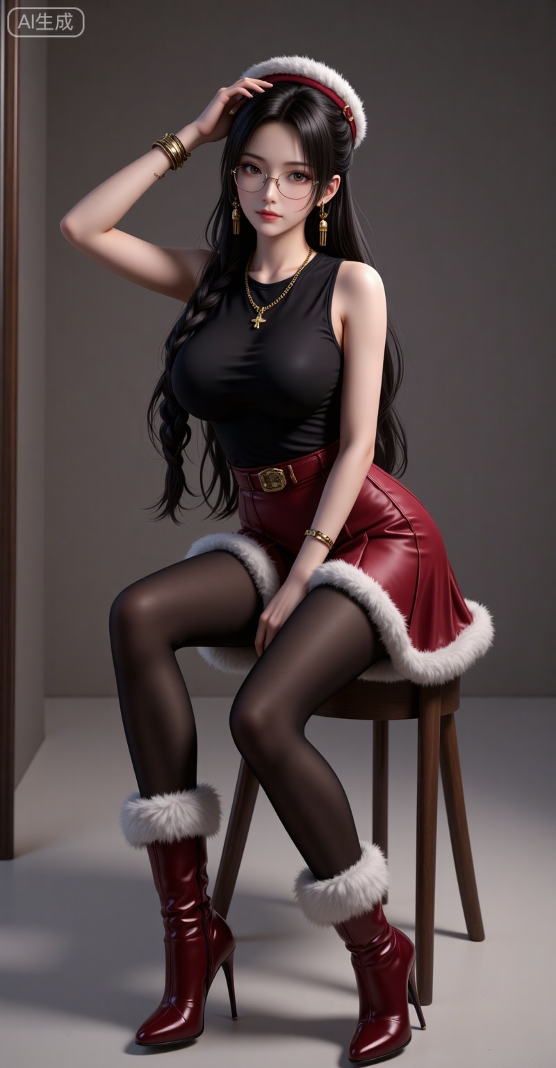 dasiqi,long hair,braid,earrings,glasses,brown eyes,large breasts,black hair,necklace,
1girl,boots,fur trim,jewelry,hat,long hair,breasts,red footwear,skirt,fur-trimmed boots,earrings,sitting,red skirt,bracelet,pants,high heels,full body,looking at viewer,belt,closed mouth,black pants,sleeveless,high heel boots,bangle,black pantyhose,cover,medium breasts,black shirt,shirt,fur-trimmed skirt,46,

lvjing,lvjing,baoshi