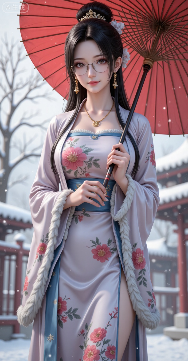 dasiqi,long hair,braid,earrings,glasses,brown eyes,large breasts,black hair,necklace,
1girl,solo,holding,umbrella,snow,holding umbrella,looking at viewer,oil-paper umbrella,tree,chinese clothes,wide sleeves,hair ornament,outdoors,official alternate costume,standing,full body,hair bun,fur trim,long sleeves,east asian architecture,architecture,flower,winter,smile,floral print,dress,fence,bare tree,closed mouth,hair flower,hanfu,23,

lvjing,lvjing,baoshi