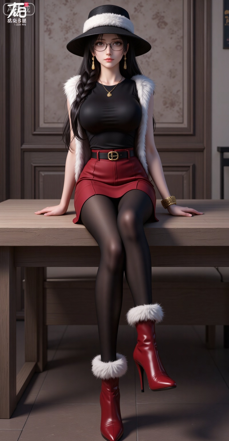 dasiqi,long hair,braid,earrings,glasses,brown eyes,large breasts,black hair,necklace,
1girl,boots,fur trim,jewelry,hat,long hair,breasts,red footwear,skirt,fur-trimmed boots,earrings,sitting,red skirt,bracelet,pants,high heels,full body,looking at viewer,belt,closed mouth,black pants,sleeveless,high heel boots,copyright name,bangle,english text,black pantyhose,cover,medium breasts,black shirt,shirt,fur-trimmed skirt,46,

lvjing,lvjing,baoshi