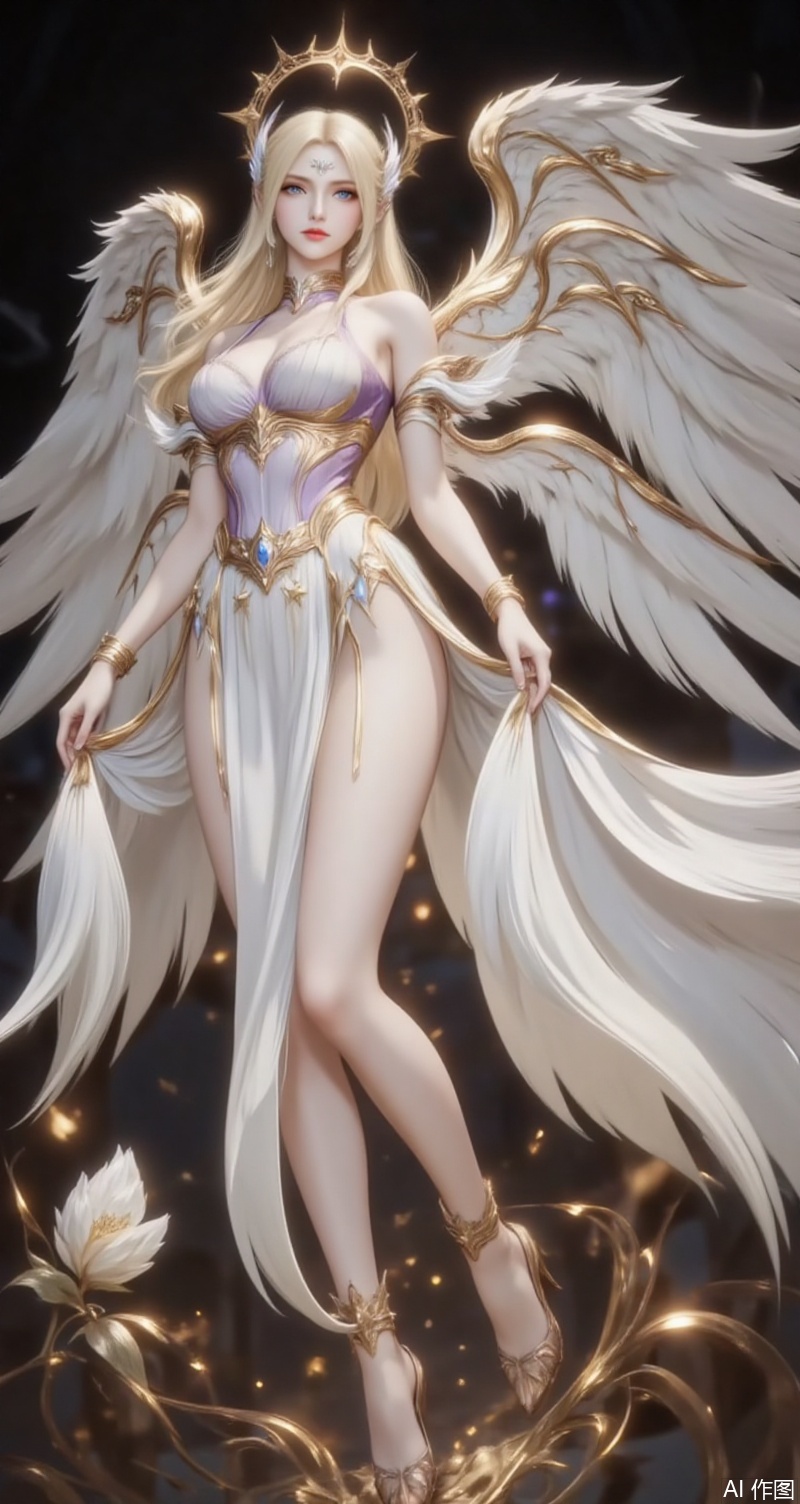 baoshi,lvjing,qianrenxue,1girl,wings,blonde hair,angel wings,long hair,solo,dress,blue eyes,breasts,flower,black_background,looking at viewer,jewelry,angel,white dress,halo,anklet,bracelet,full body,feathered wings,bare shoulders,armlet,white wings,9,
cover,simple background,gradient background,close-up details,outstanding style,adding a touch of dimension to your images without compromising details,close-up,
