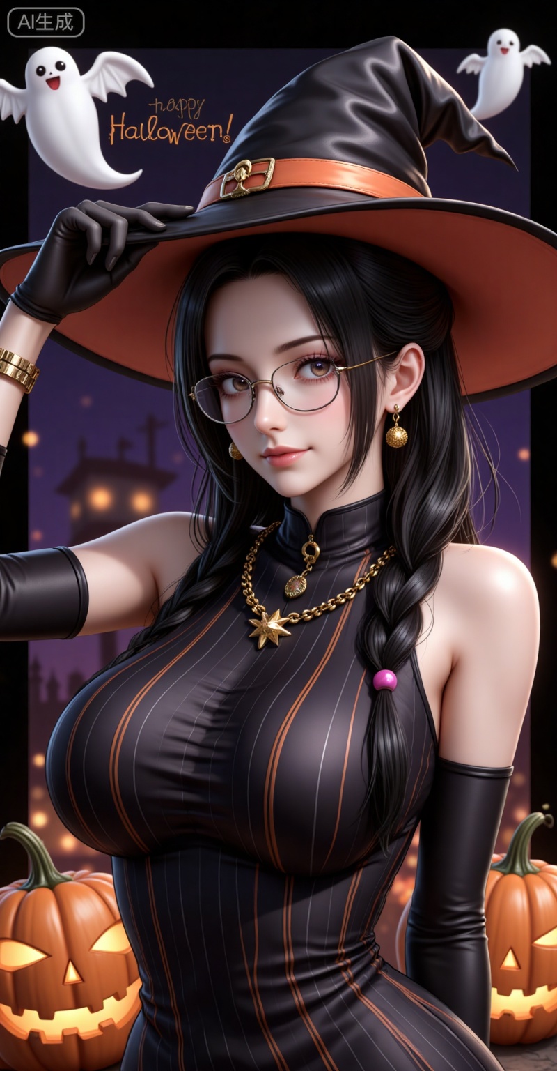 dasiqi,long hair,braid,earrings,glasses,brown eyes,large breasts,black hair,necklace,
1girl,witch hat,gloves,jewelry,hat,breasts,solo,jack-o'-lantern,dress,halloween,earrings,ghost,black gloves,necklace,looking at viewer,black dress,pumpkin,smile,black headwear,sleeveless,elbow gloves,happy halloween,sleeveless dress,striped dress,bracelet,purple eyes,border,skull,upper body,halloween costume,witch,striped clothes,hand on headwear,large breasts,closed mouth,bare shoulders,
lvjing,lvjing,baoshi