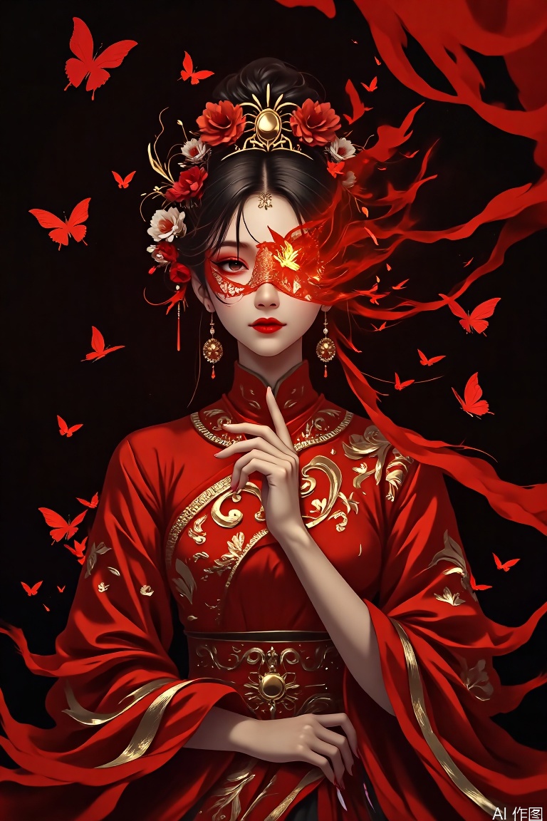 The image depicts a woman dressed in traditional attire, with a striking red color scheme dominating her outfit. She is adorned with intricate gold jewelry, including a headpiece and earrings. Her face is partially obscured by a decorative mask, which is intricately designed with a butterfly motif. The background is dark, enhancing the contrast of her vibrant attire and the glowing butterfly on her mask. There are also delicate, red butterflies floating around her, adding to the ethereal and mystical atmosphere of the scene.
