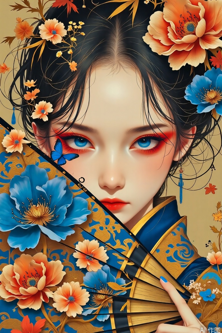 The image depicts a stylized, artistic portrait of a young woman surrounded by vibrant floral elements. Her face is partially obscured by a large blue and orange butterfly, which is delicately perched on her cheek. The woman's eyes are striking, with vivid blue irises and red eyeshadow that extend towards her temples, creating a dramatic effect. Her lips are painted a bright red, contrasting with the soft, warm tones of her skin.

Surrounding her are an array of colorful flowers, including large blue and orange blossoms, interspersed with smaller yellow and orange blooms. The flowers are intricately detailed, with delicate petals and leaves adding to the overall aesthetic. A hand is visible in the lower right corner, holding a traditional Japanese fan adorned with gold accents and black and blue stripes. The fan is partially open, allowing a glimpse of the intricate patterns and designs on its surface.

The background is a blend of soft, muted colors that complement the vibrant floral elements, creating a harmonious and visually captivating composition. The overall style of the image is highly detailed and artistic, with a focus on natural beauty and intricate design.