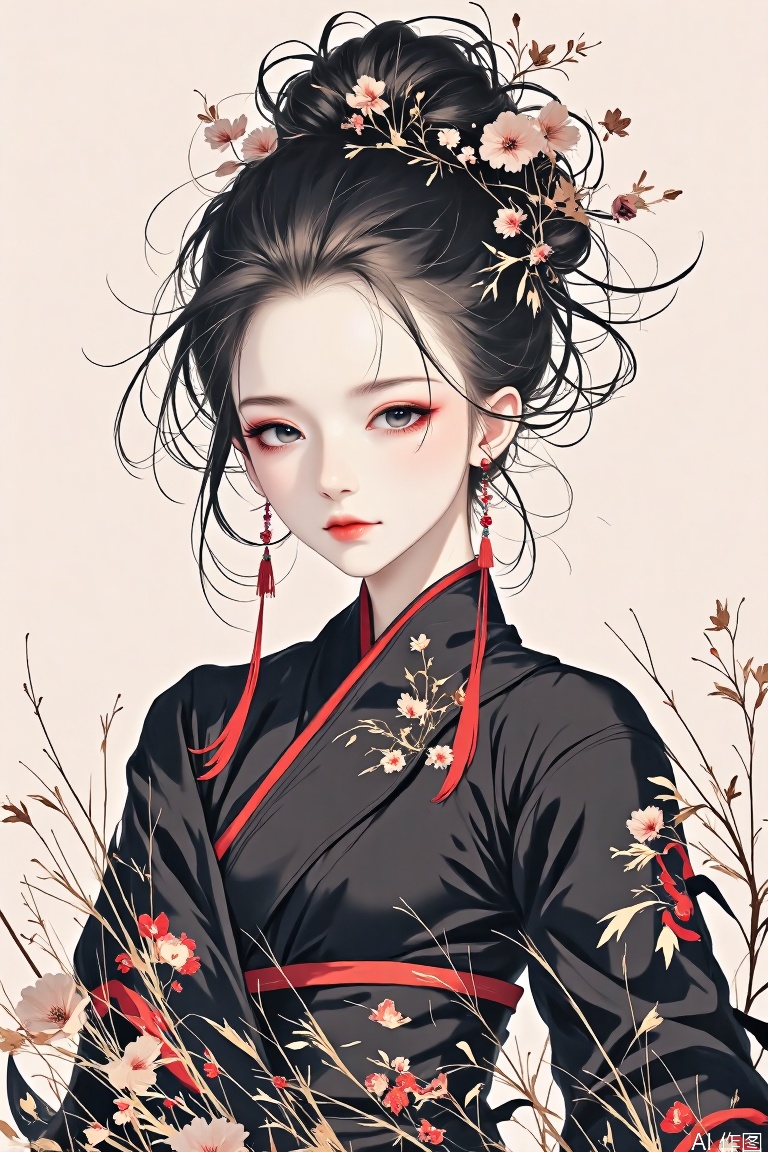 The image depicts a beautifully illustrated character with intricate details. The character has long, dark hair styled elegantly, adorned with delicate floral accessories and red tassels. Their eyes are large and expressive, with subtle makeup enhancing their features. They are wearing a traditional outfit with a black robe featuring a red inner lining and a floral design on the collar. The background is plain, allowing the focus to remain on the character.