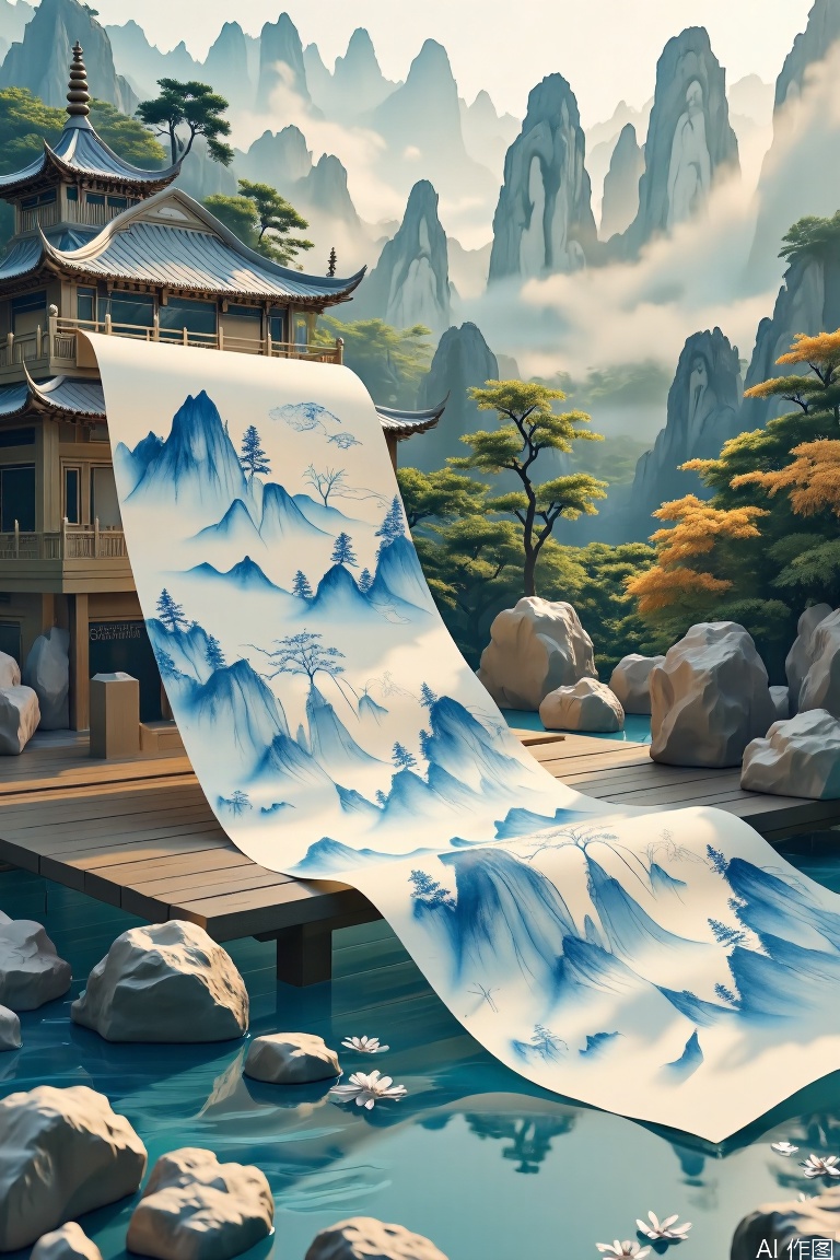 The image depicts a serene and artistic scene with a large piece of paper stretched out, seemingly being drawn or painted on. The paper features intricate blue line drawings of traditional East Asian landscapes, including mountains, trees, and flowing water. The paper is positioned on a wooden platform, and the background showcases a breathtaking view of towering, mist-covered mountains, suggesting a tranquil and picturesque setting. To the left, there is a traditional architectural structure with curved roofs, adding to the cultural ambiance. The overall atmosphere is peaceful and harmonious, blending natural beauty with artistic expression.