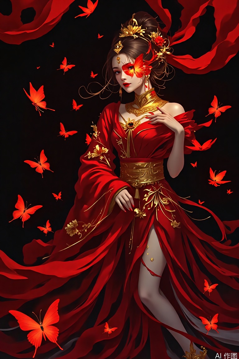 The image depicts a woman dressed in traditional attire, with a striking red color scheme dominating her outfit. She is adorned with intricate gold jewelry, including a headpiece and earrings. Her face is partially obscured by a decorative mask, which is intricately designed with a butterfly motif. The background is dark, enhancing the contrast of her vibrant attire and the glowing butterfly on her mask. There are also delicate, red butterflies floating around her, adding to the ethereal and mystical atmosphere of the scene.