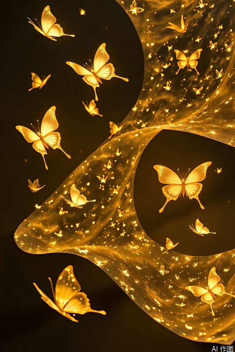 The image depicts a mesmerizing scene of golden butterflies swirling around in a dark, ethereal background. The butterflies are intricately detailed, with their delicate wings shimmering in a warm, golden hue. The swirling motion of the butterflies creates a sense of movement and fluidity, as if they are dancing in a gentle breeze. The background is a deep, dark color, which contrasts sharply with the bright, glowing butterflies, making them stand out vividly. The overall effect is one of enchantment and tranquility, evoking a sense of wonder and beauty.