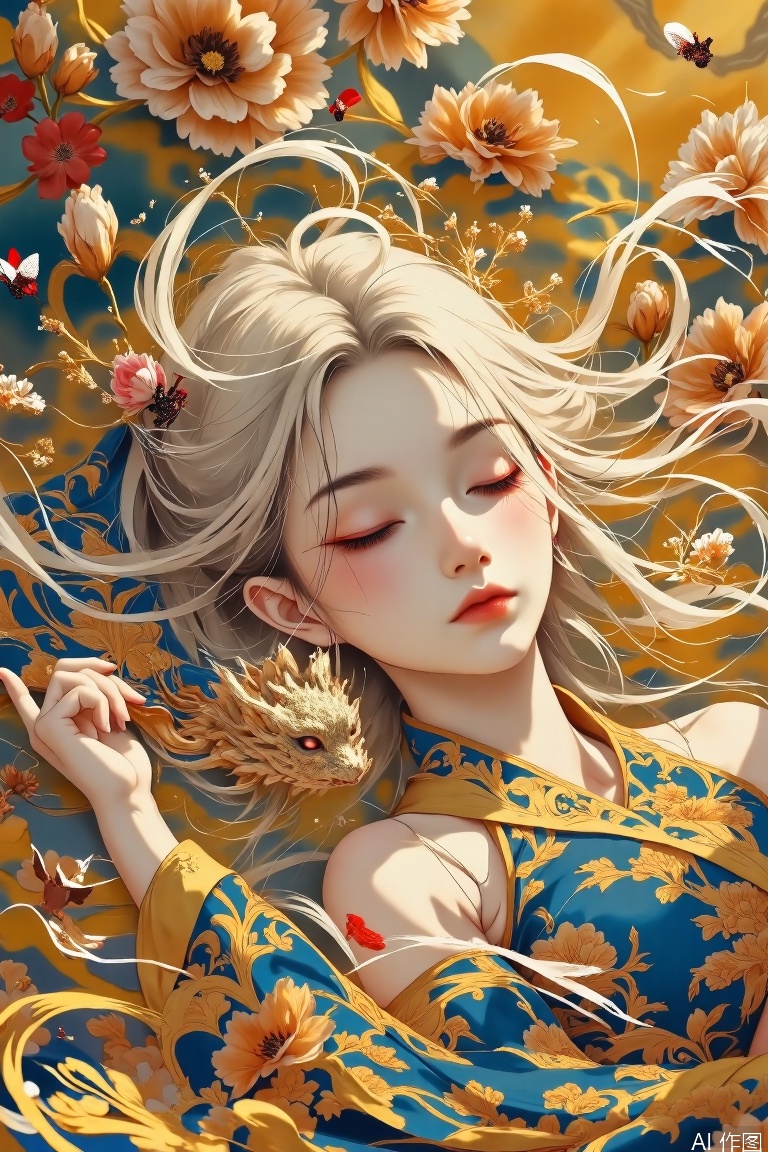 The image depicts a serene and ethereal scene with a person lying down, their face partially covered by flowing white hair. The hair is intricately detailed, with delicate strands intertwining and creating a sense of movement. The person's eyes are closed, suggesting a state of rest or meditation. A small, intricately designed dragon is nestled within the flowing hair, adding a fantastical and mythical element to the composition. The background is a blend of warm colors, including shades of orange, yellow, and blue, which complement the overall tranquil and mystical atmosphere of the image. The intricate patterns and colors in the hair and clothing suggest a rich cultural or artistic style.