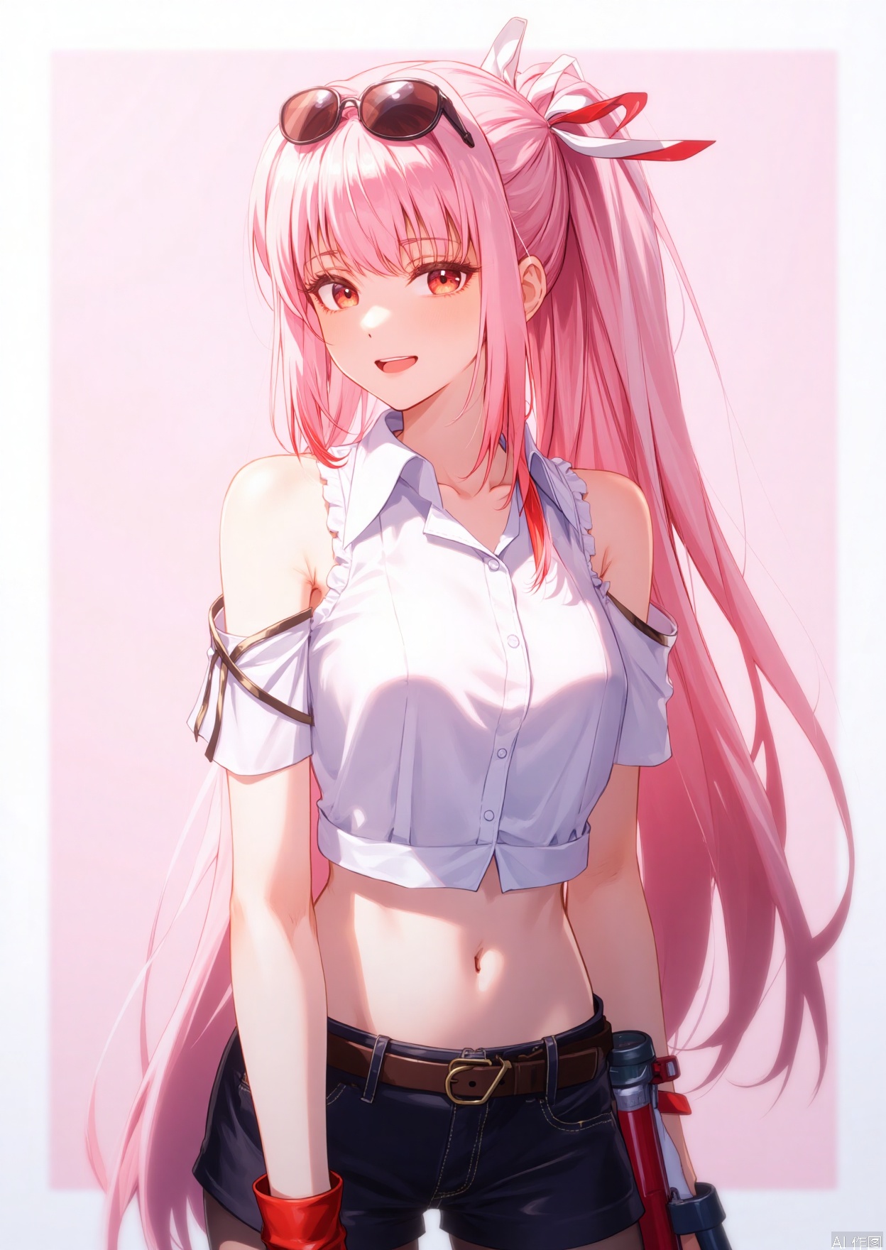1girl, solo, long hair, breasts, looking at viewer, bangs, large breasts, shirt, gloves, navel, bare shoulders, brown eyes, white shirt, weapon, pink hair, pantyhose, red hair, parted lips, detached sleeves, shorts, sleeveless, midriff, collared shirt, fingerless gloves, lips, short shorts, black shorts, sunglasses, eyewear on head, red gloves,mai,beauty girl, shiranui mai