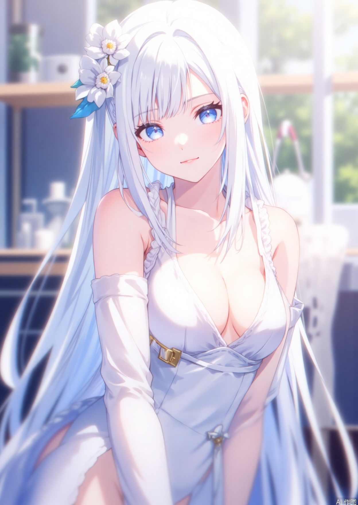 1girl, solo, long hair, breasts, looking at viewer, bangs, blue eyes, large breasts, hair ornament, dress, cleavage, bare shoulders, flower, white hair, parted lips, detached sleeves, belt, white dress, parted bangs, detached collar,white tight bodysuit, pants,pants slipped,mai,beauty girl, shiranui mai