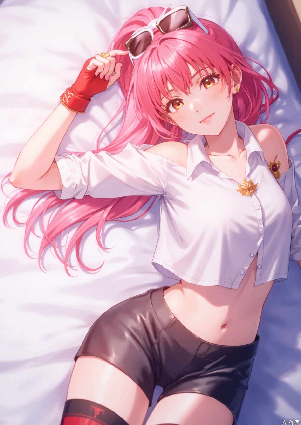 1girl, solo, long hair, breasts, looking at viewer, bangs, large breasts, shirt, gloves, navel, bare shoulders, brown eyes, white shirt, weapon, pink hair, pantyhose, red hair, parted lips, detached sleeves, shorts, sleeveless, midriff, collared shirt, fingerless gloves, lips, short shorts, black shorts, sunglasses, eyewear on head, red gloves,mai,beauty girl, shiranui mai, lying on bed, random pose 