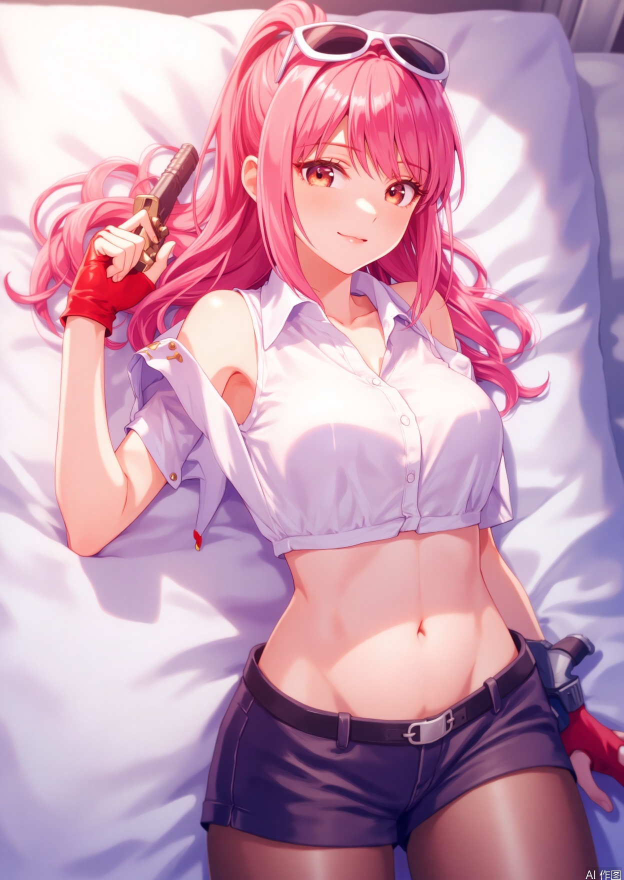 1girl, solo, long hair, breasts, looking at viewer, bangs, large breasts, shirt, gloves, navel, bare shoulders, brown eyes, white shirt, weapon, pink hair, pantyhose, red hair, parted lips, detached sleeves, shorts, sleeveless, midriff, collared shirt, fingerless gloves, lips, short shorts, black shorts, sunglasses, eyewear on head, red gloves,mai,beauty girl, shiranui mai, lying on bed, random pose 