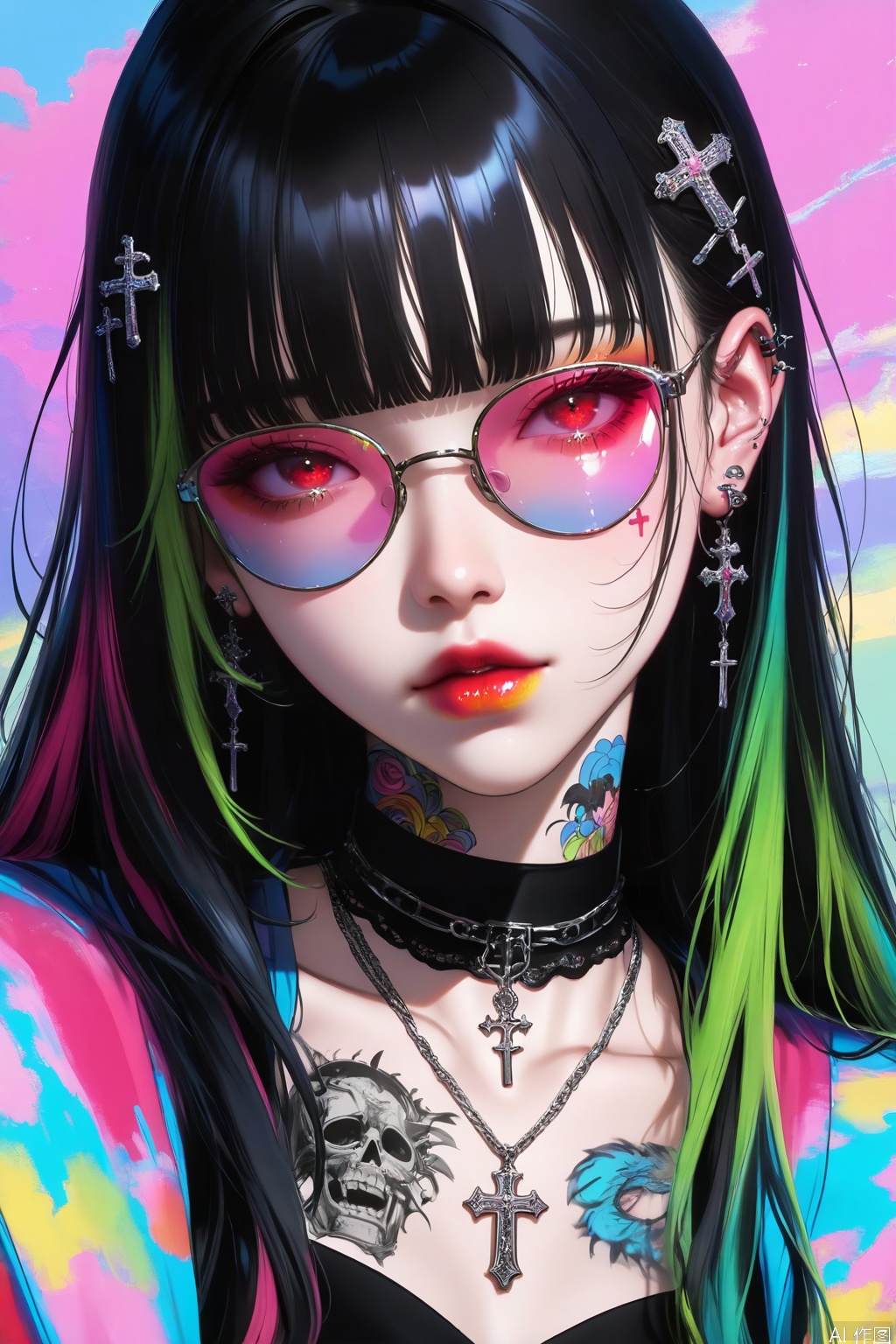 masterpiece, high quality, absurdres, best quality, very aesthetic, colorful, newest,
1girl, solo, long hair, looking at viewer, bangs, black hair, hair ornament, red eyes, jewelry, upper body, multicolored hair, earrings, glasses, choker, blunt bangs, necklace, collar, lips, tattoo, makeup, sunglasses, cross, lipstick, tinted eyewear, pink-tinted eyewear
masterpiece, very aesthetic, absurdres, best quality, good quality, newest, highres,Anime screencap,anime coloring,shiny,niji_style