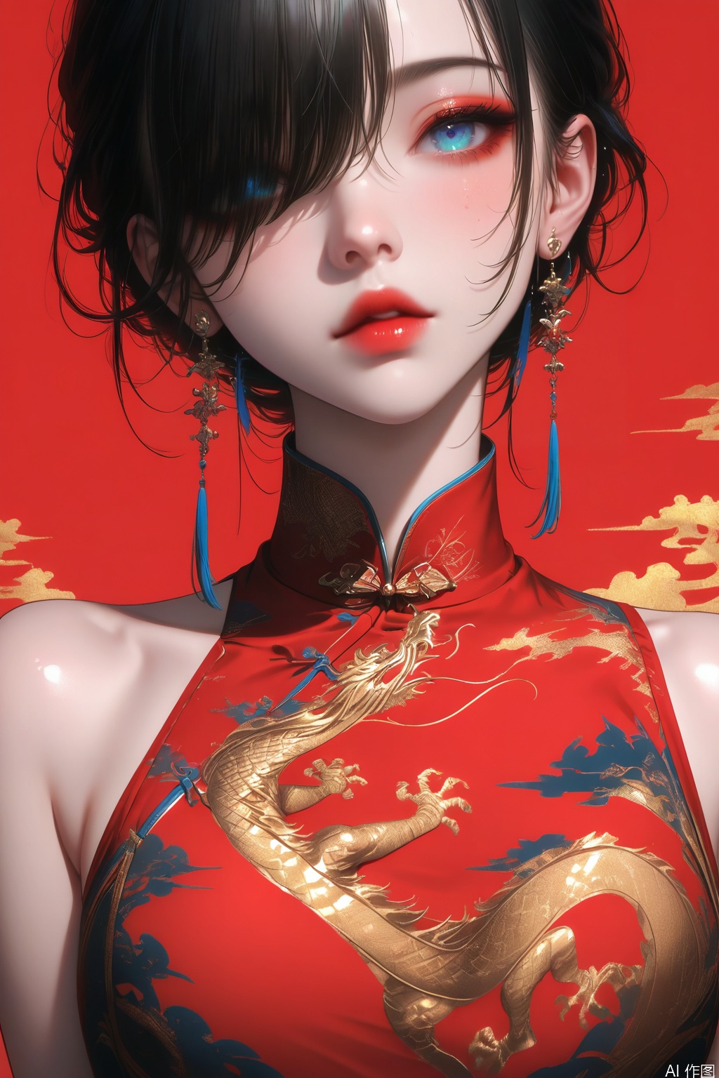 masterpiece, high quality, absurdres, best quality, very aesthetic, colorful, newest,
1girl, solo, looking at viewer, short hair, blue eyes, black hair, dress, bare shoulders, jewelry, upper body, earrings, sleeveless, hair over one eye, lips, makeup, sleeveless dress, chinese clothes, red dress, china dress, red background, red lips,
masterpiece, very aesthetic, absurdres, best quality, good quality, newest, highres,Anime screencap,anime coloring,shiny,niji_style