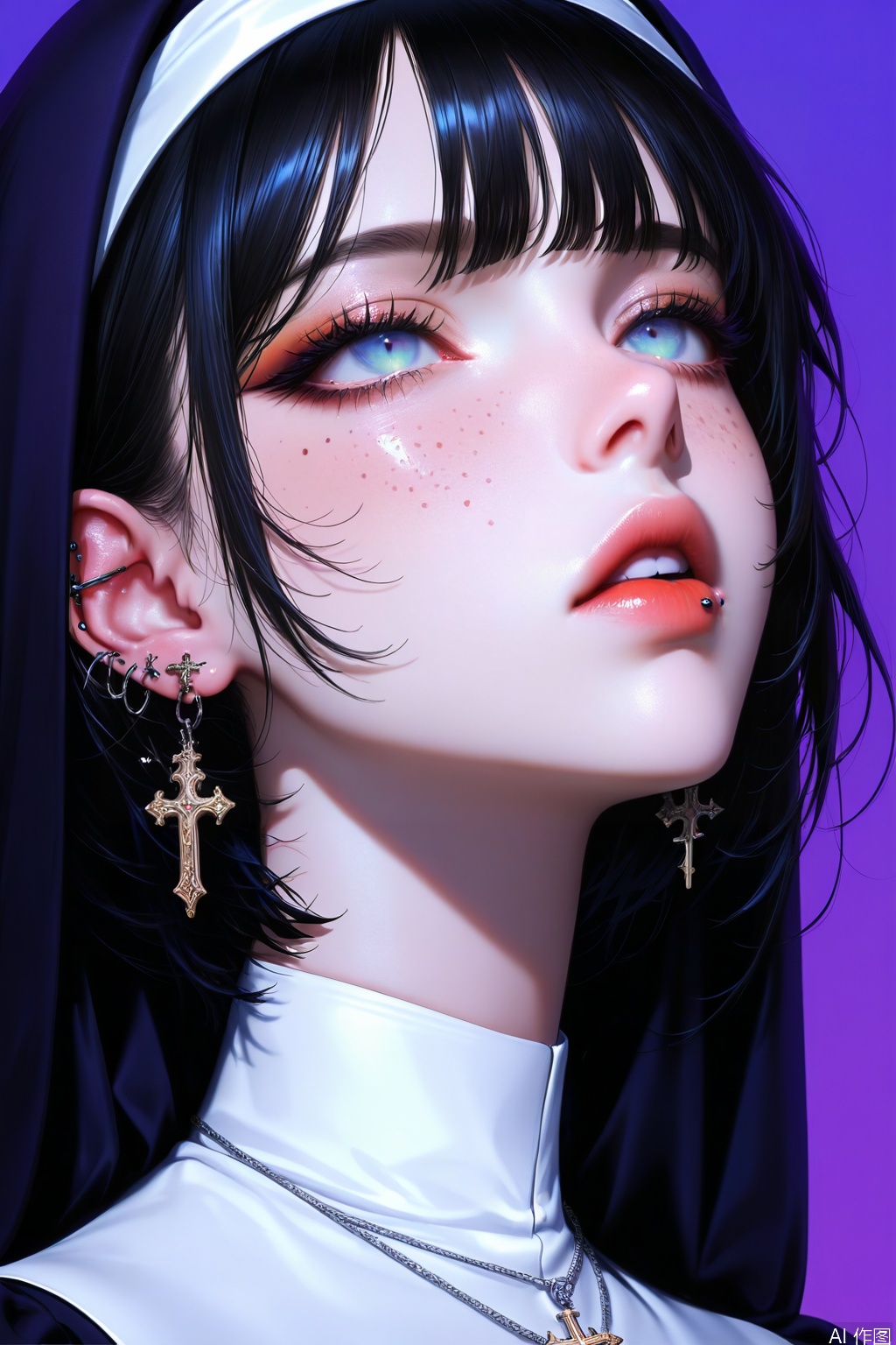 masterpiece, high quality, absurdres, best quality, very aesthetic, colorful, newest,
s1girl, solo, short hair, bangs, blue eyes, simple background, black hair, jewelry, earrings, parted lips, necklace, mole, lips, eyelashes, makeup, piercing, cross, ear piercing, portrait, freckles, purple background, nun, habit, cross earrings
masterpiece, very aesthetic, absurdres, best quality, good quality, newest, highres,Anime screencap,anime coloring,shiny,niji_style