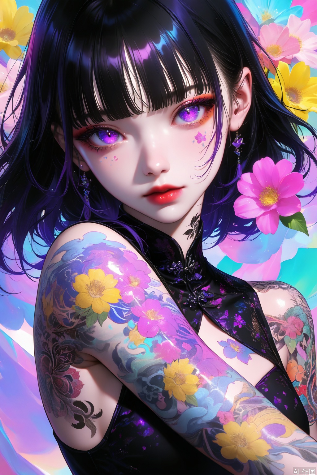 masterpiece, high quality, absurdres, best quality, very aesthetic, colorful, newest,
1girl, solo, looking at viewer, bangs, black hair, purple eyes, upper body, flower, blunt bangs, tattoo, colorful,
masterpiece, very aesthetic, absurdres, best quality, good quality, newest, highres,Anime screencap,anime coloring,shiny,niji_style