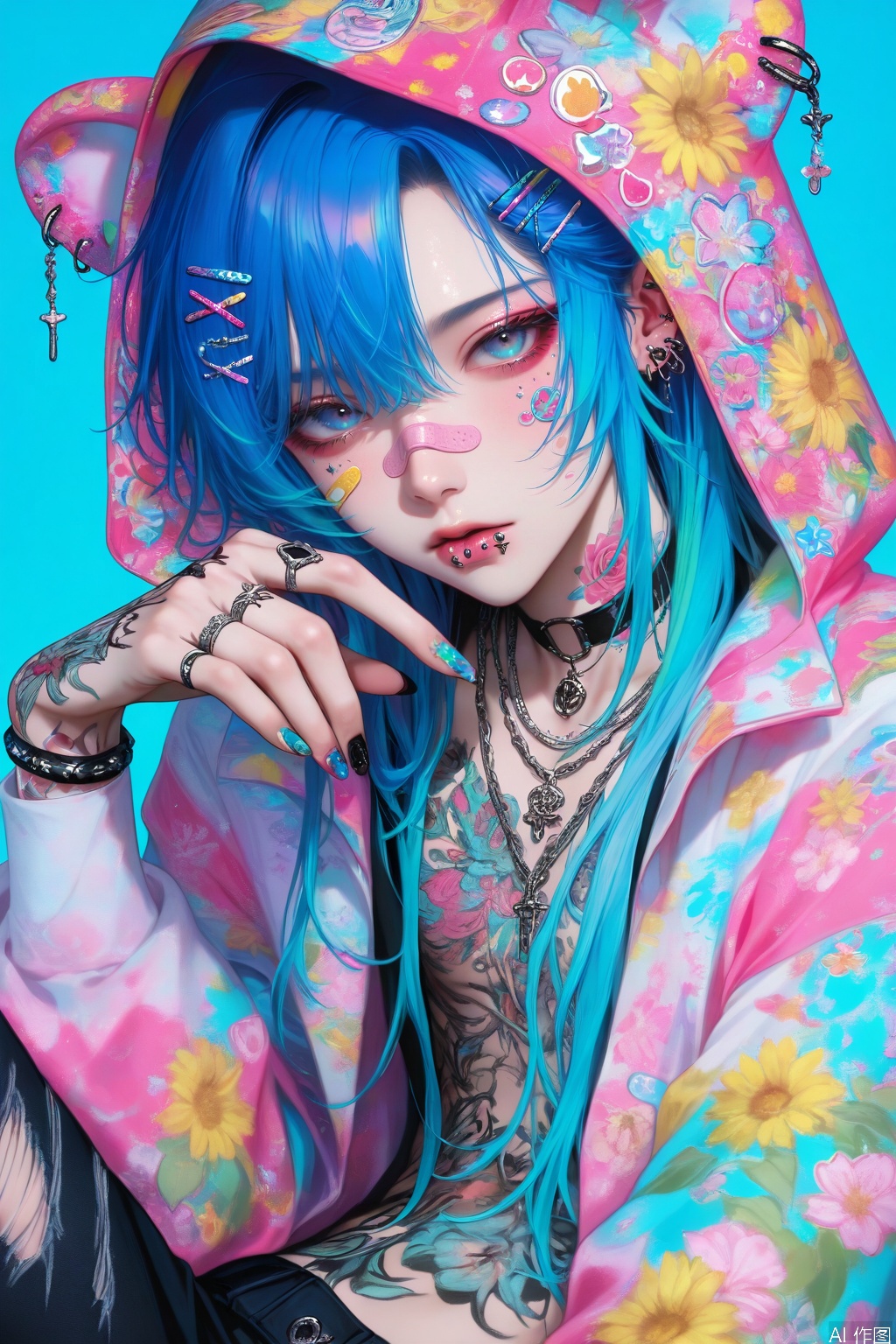 masterpiece, high quality, absurdres, best quality, very aesthetic, colorful, newest,
solo, long hair, looking at viewer, blue eyes, hair ornament, long sleeves, 1boy, jewelry, blue hair, flower, male focus, choker, hairclip, pants, hood, necklace, nail polish, tattoo, piercing, floral print, ring, ear piercing, bandaid, hood up, bandaid on face, bandaid on nose, sticker, lip piercing, flower tattoo,
masterpiece, very aesthetic, absurdres, best quality, good quality, newest, highres,Anime screencap,anime coloring,shiny,niji_style