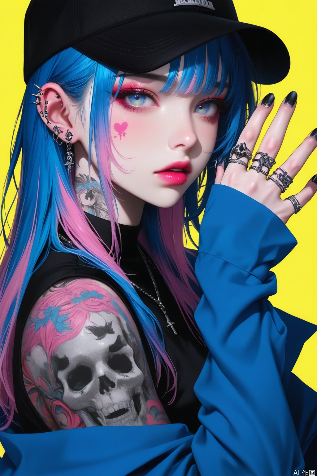 1girl, solo, long hair, looking at viewer, blue eyes, long sleeves, hat, jewelry, blue hair, jacket, upper body, pink hair, multicolored hair, earrings, parted lips, hand up, necklace, off shoulder, nail polish, two-tone hair, lips, fingernails, sleeves past wrists, eyelashes, black headwear, tattoo, makeup, piercing, ring, blue jacket, ear piercing, black nails, baseball cap, yellow background, eyeshadow, arm tattoo, shoulder tattoo, multiple rings,
masterpiece, very aesthetic, absurdres, best quality, good quality, newest, highres,Anime screencap,anime coloring,shiny,niji_style