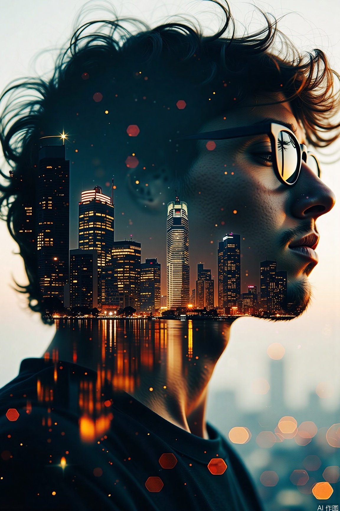 jzbj,double-exposure, Under double - exposure, the image is steeped in a mysterious atmosphere. The man wearing glasses, with his profile set against the city night view, appears deep and mysterious. The high - rise buildings are brightly lit, twinkling like mysterious codes, and the intertwined lines seem to hide unknown veins. The whole scene is like an entrance to the mysterious depths of the city.