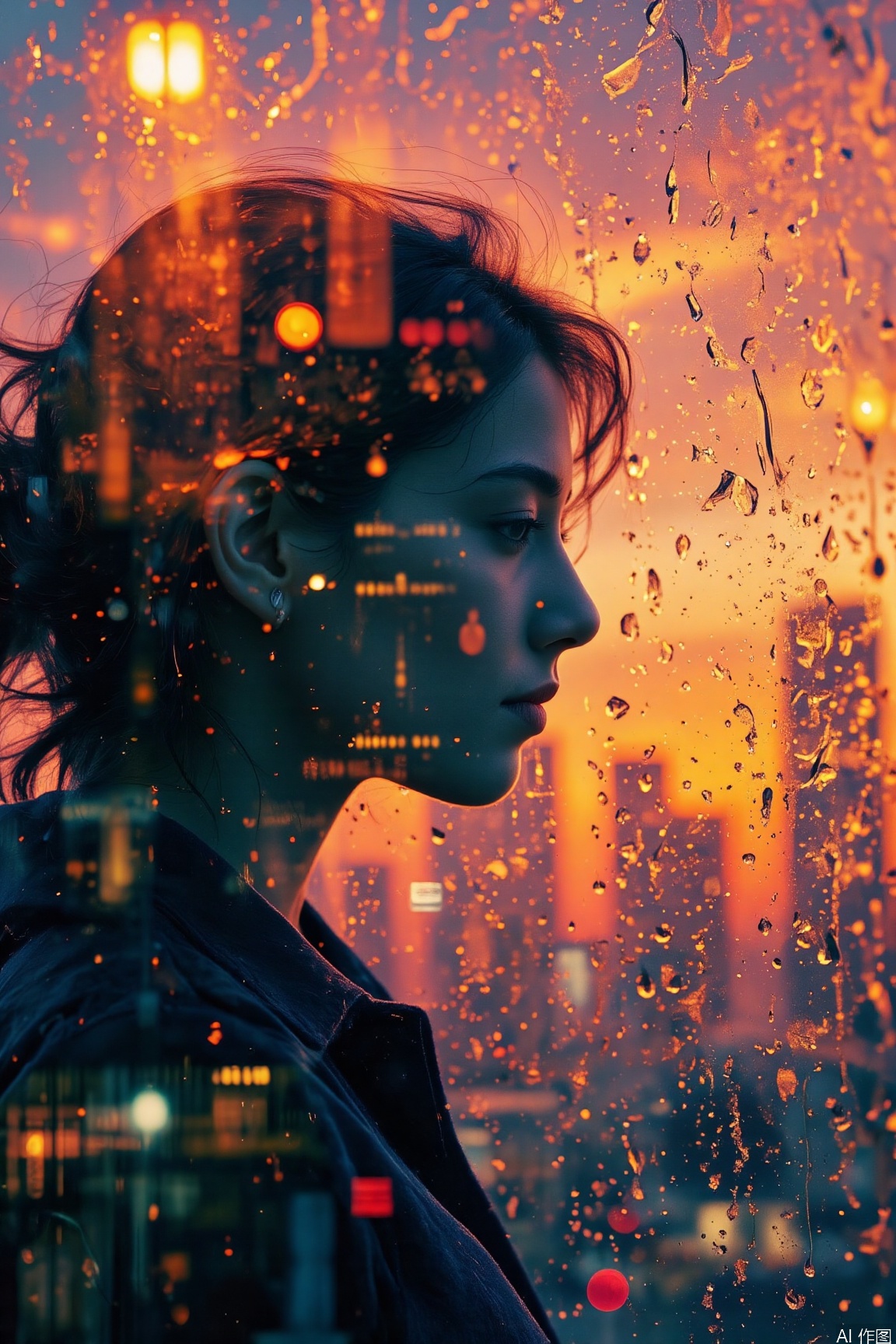 1woman,profile,This double - exposure image is filled with mysterious hues.city night,jzbj,rainy night,vivid color