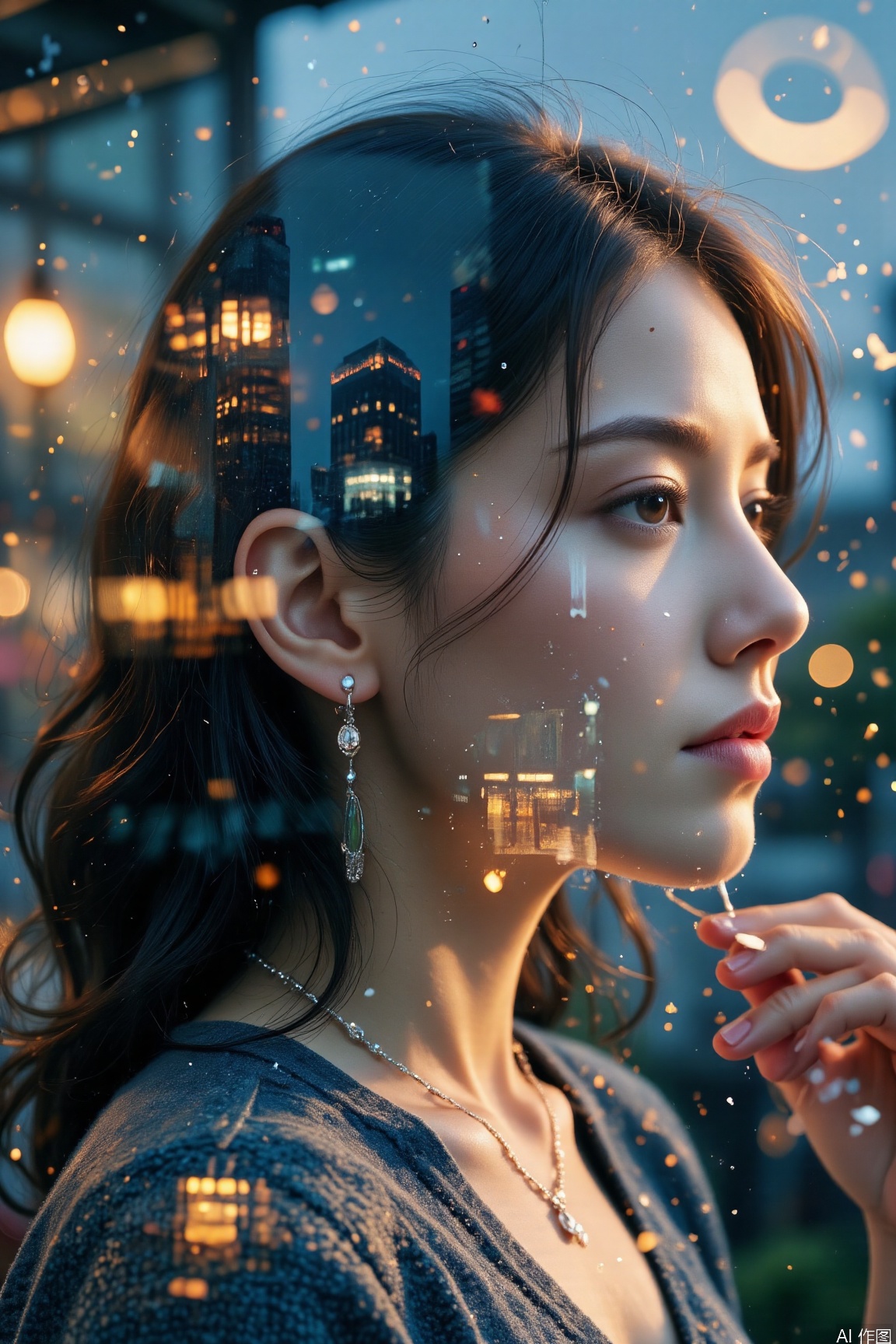1woman,profile,This double - exposure image is filled with mysterious hues.city night,jzbj,rainy night,vivid color,necklace