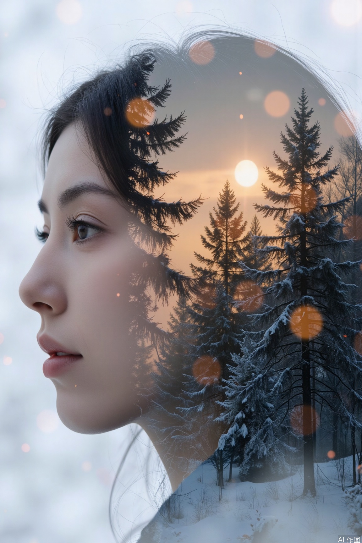 This double - exposure image is filled with a mysterious atmosphere. The woman's profile has a soft outline, and her hair seems to be stirred by a mysterious force. Her eyes are lowered, as if hiding unknown secrets. The background is a snowy, secluded forest, with warm orange light spots twinkling like mysterious signals. Trees stand in the snow, creating an ethereal and alluring ambiance, inviting people to explore its mysteries.,plns,chr,zhj