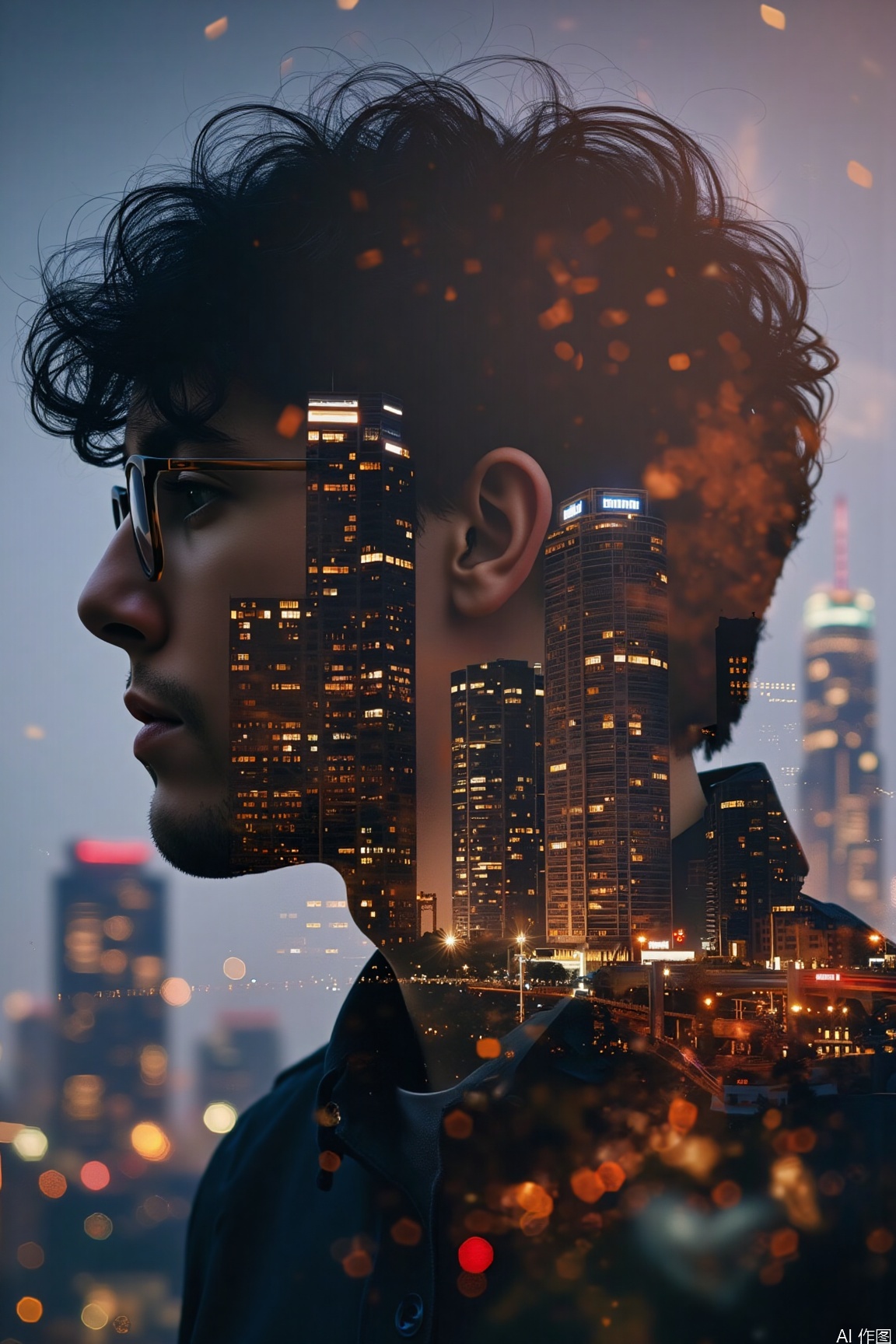 jzbj,double-exposure,This double - exposure image is filled with mysterious hues. The man wearing glasses, with his profile set off by the city night view, appears extremely mysterious. The city is brightly lit, with light and shadow interlacing, as if hiding countless secrets. The light spots and lines are intertwined, like mysterious runes in a mysterious world, inspiring reverie,jzns,saz