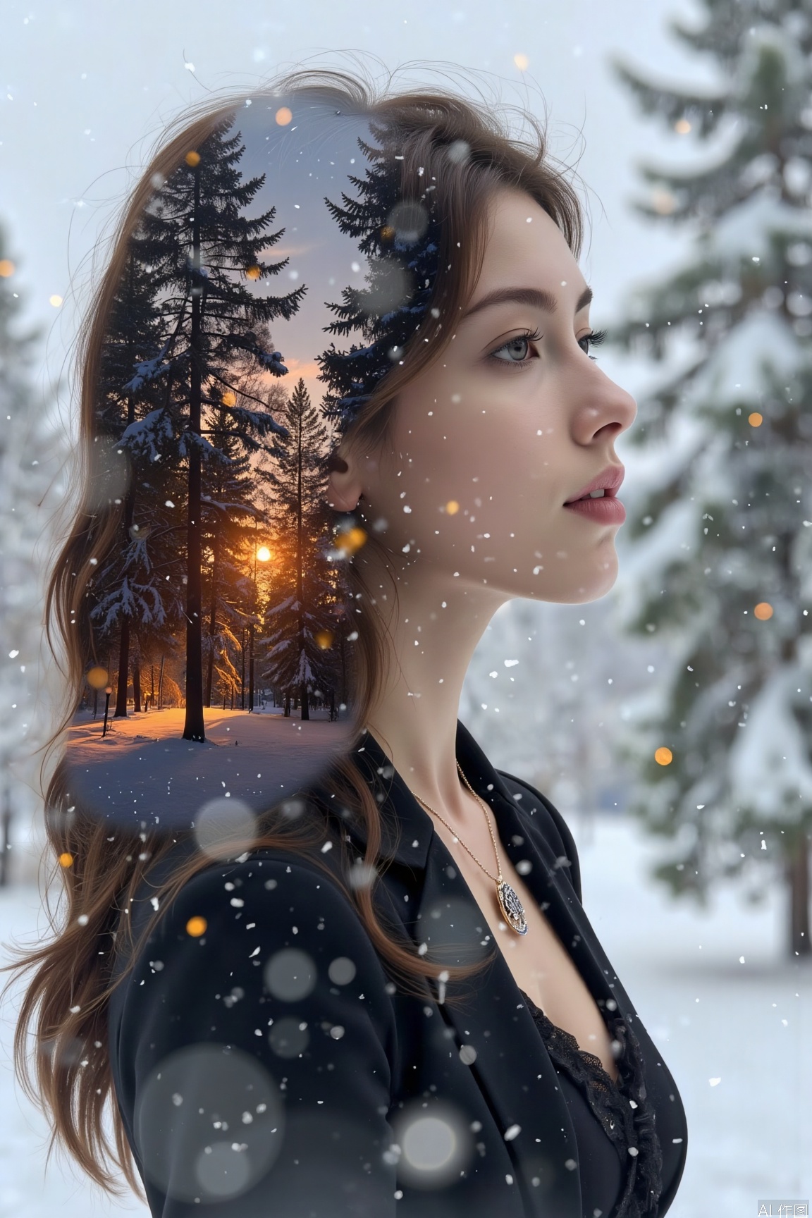 1woman,profile,This double - exposure image is filled with mysterious hues.The background is a snowy, secluded forest, with warm orange light spots twinkling like mysterious signals. Trees stand in the snow, creating an ethereal and alluring ambiance, inviting people to explore its mysteries.,jzbj,necklace