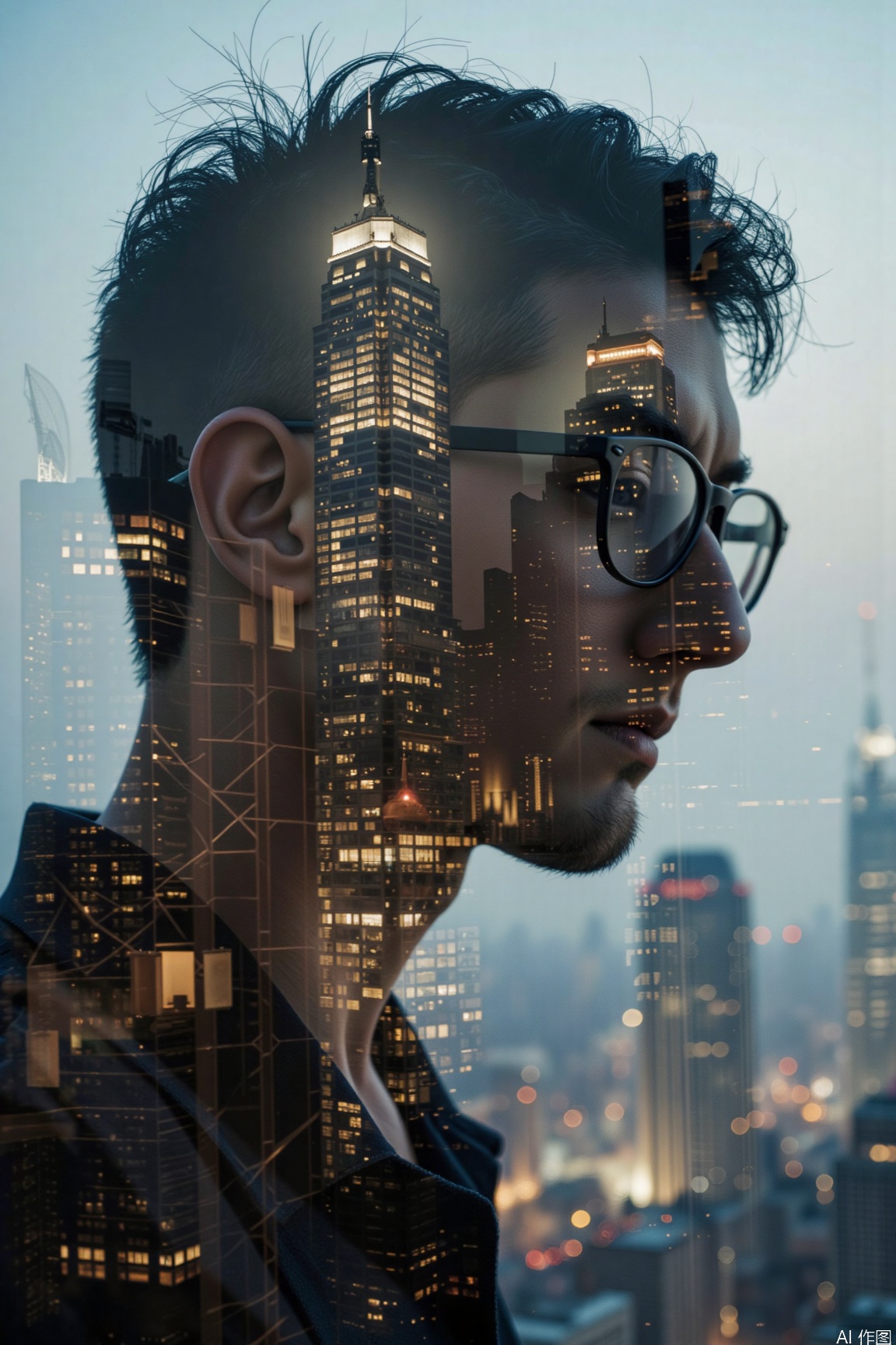 Under double - exposure, the image is steeped in a mysterious atmosphere. The man wearing glasses, with his profile set against the city night view, appears deep and mysterious. The high - rise buildings are brightly lit, twinkling like mysterious codes, and the intertwined lines seem to hide unknown veins. The whole scene is like an entrance to the mysterious depths of the city.,hor,xnz