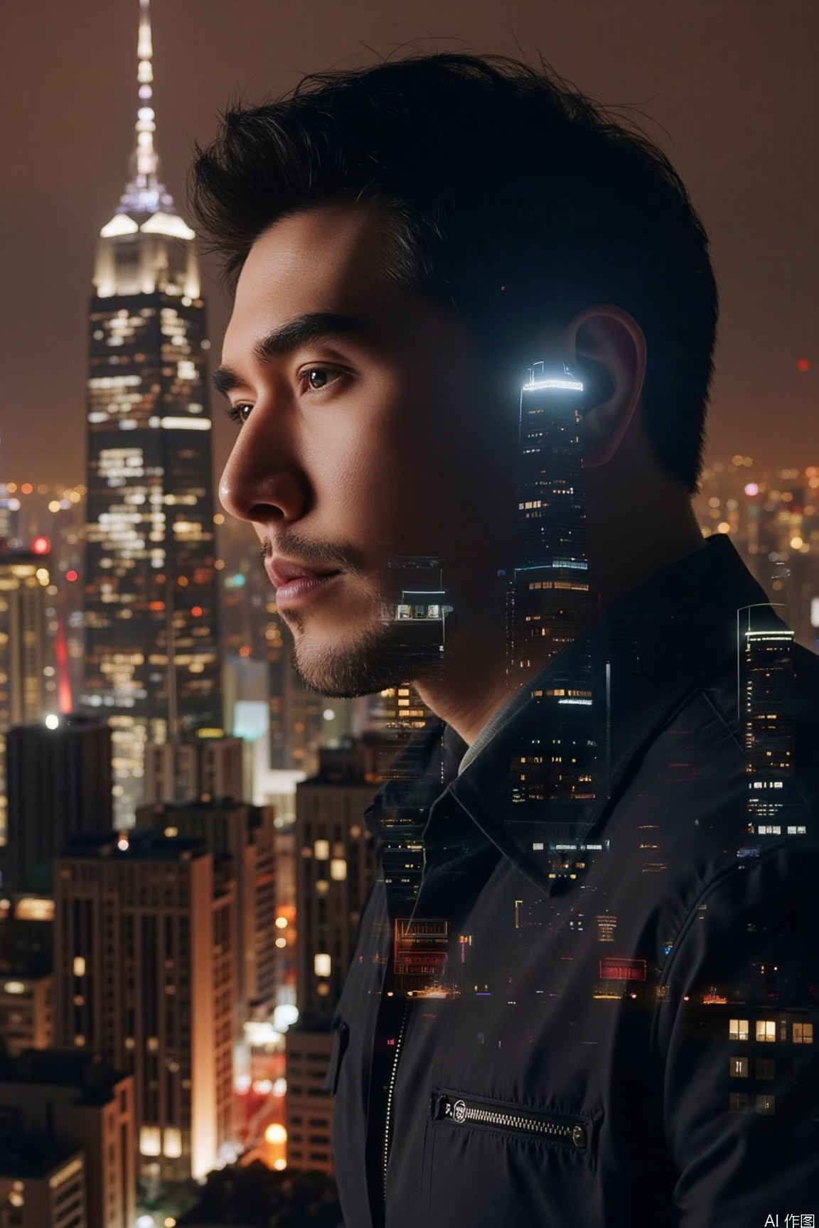 csns,fex,mature men, his profile set against the city night view, appears deep and mysterious. The high - rise buildings are brightly lit, twinkling like mysterious codes, and the intertwined lines seem to hide unknown veins. The whole scene is like an entrance to the mysterious depths of the city,shot with a Canon 5D Mark IV at f/1.8, 1/100s. The tone is elegant, with a slight retouch effect to highlight the portrait quality.,jzbj,double-exposure