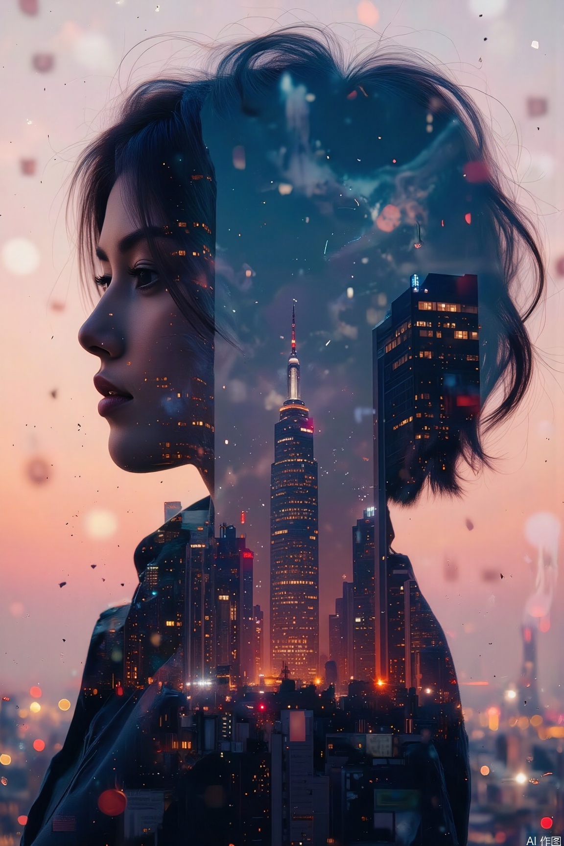 1woman,profile,This double - exposure image is filled with mysterious hues.city night,jzbj,rainy night,vivid color