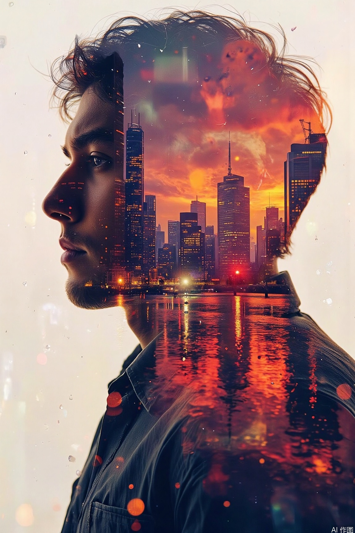 1man,profile,This double - exposure image is filled with mysterious hues.city night,jzbj,rainy night,vivid color